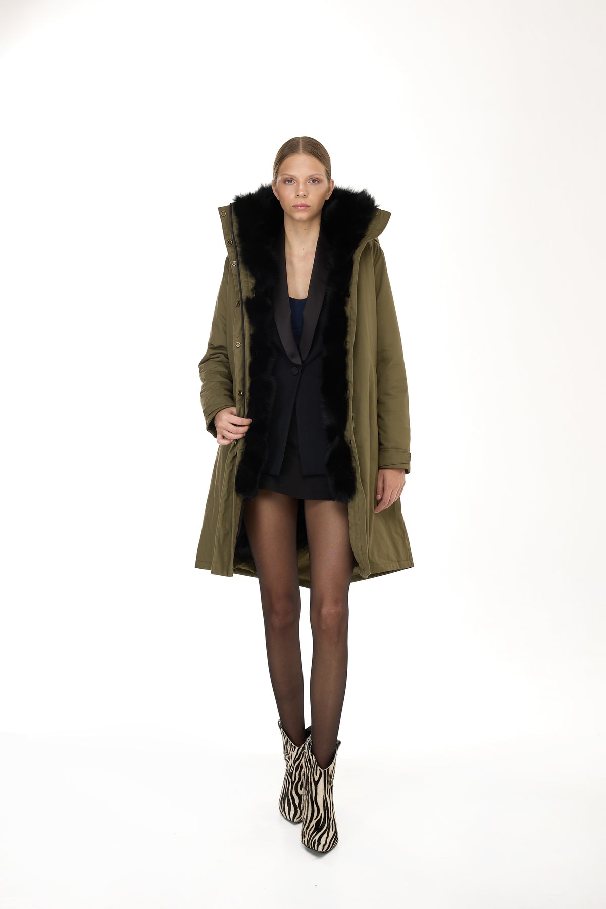 Parka x-long Elegant BLACK con Collo Alto e Gilet in pelliccia Removibile