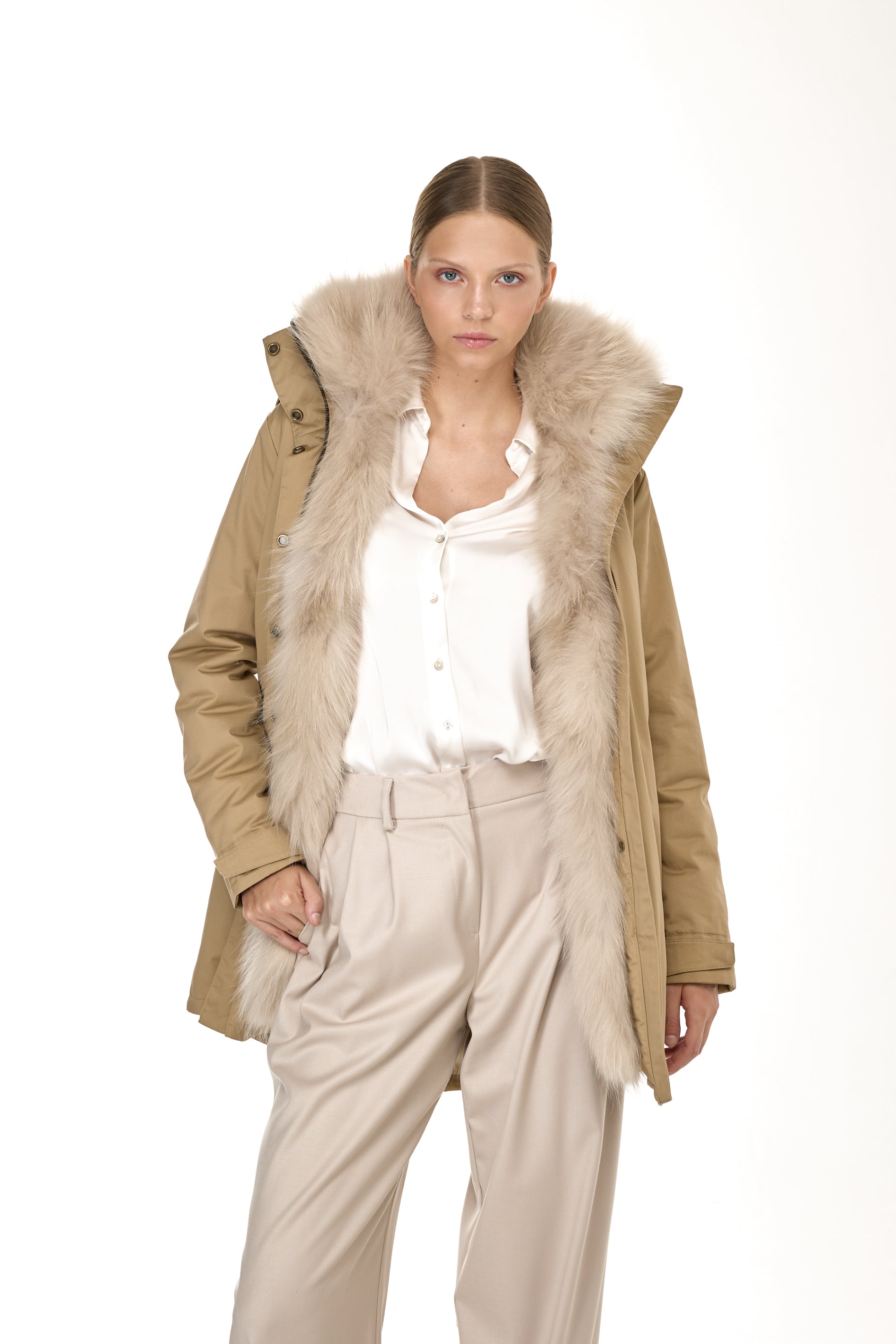 Elegant BEIGE Parka with High Collar and Removable Fur Vest