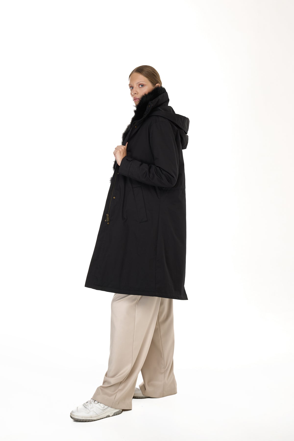 Parka x-long Elegant BLACK con Collo Alto e Gilet in pelliccia Removibile