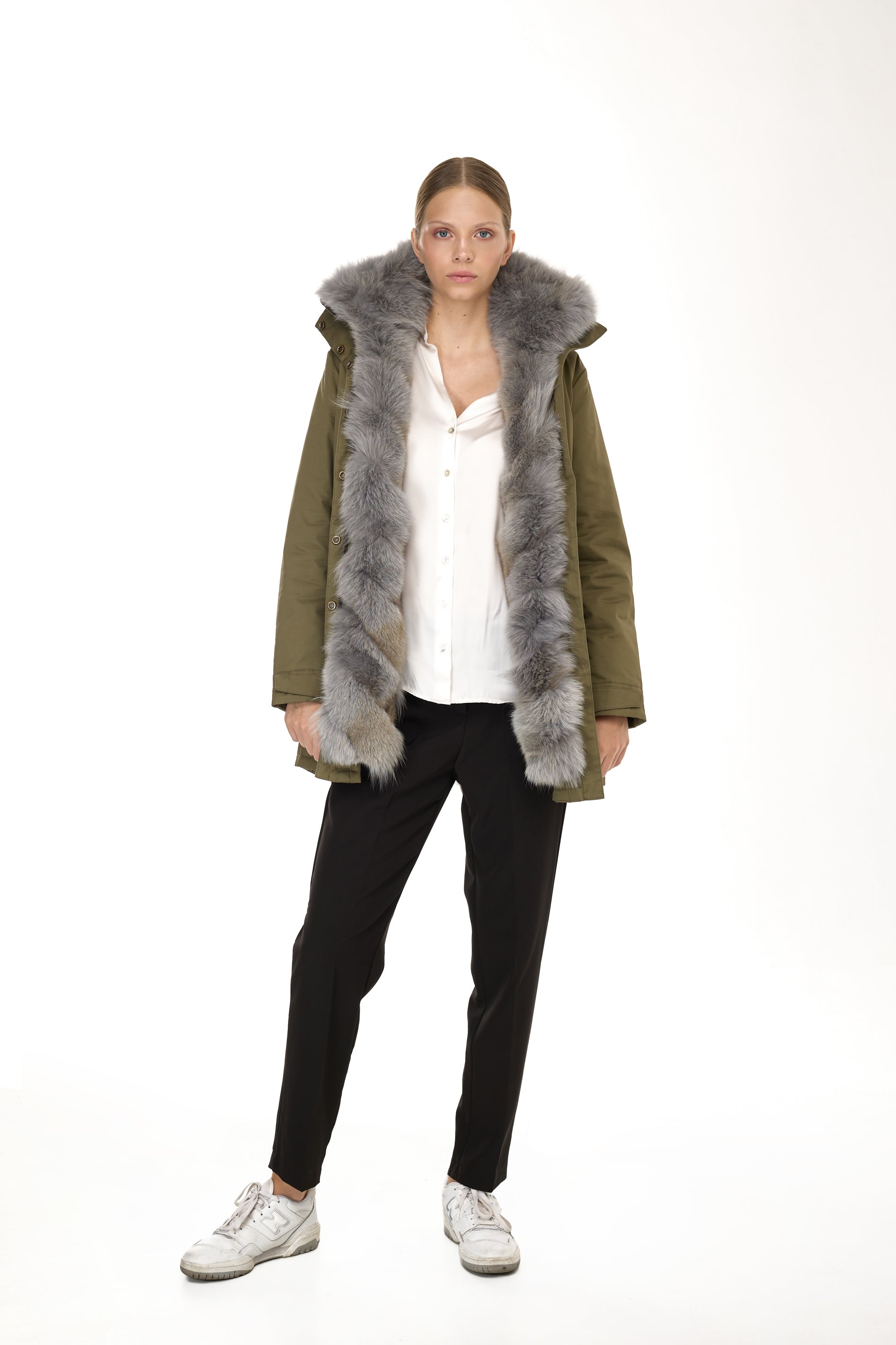 Elegant GRAY Parka with High Collar and Removable Fur Vest