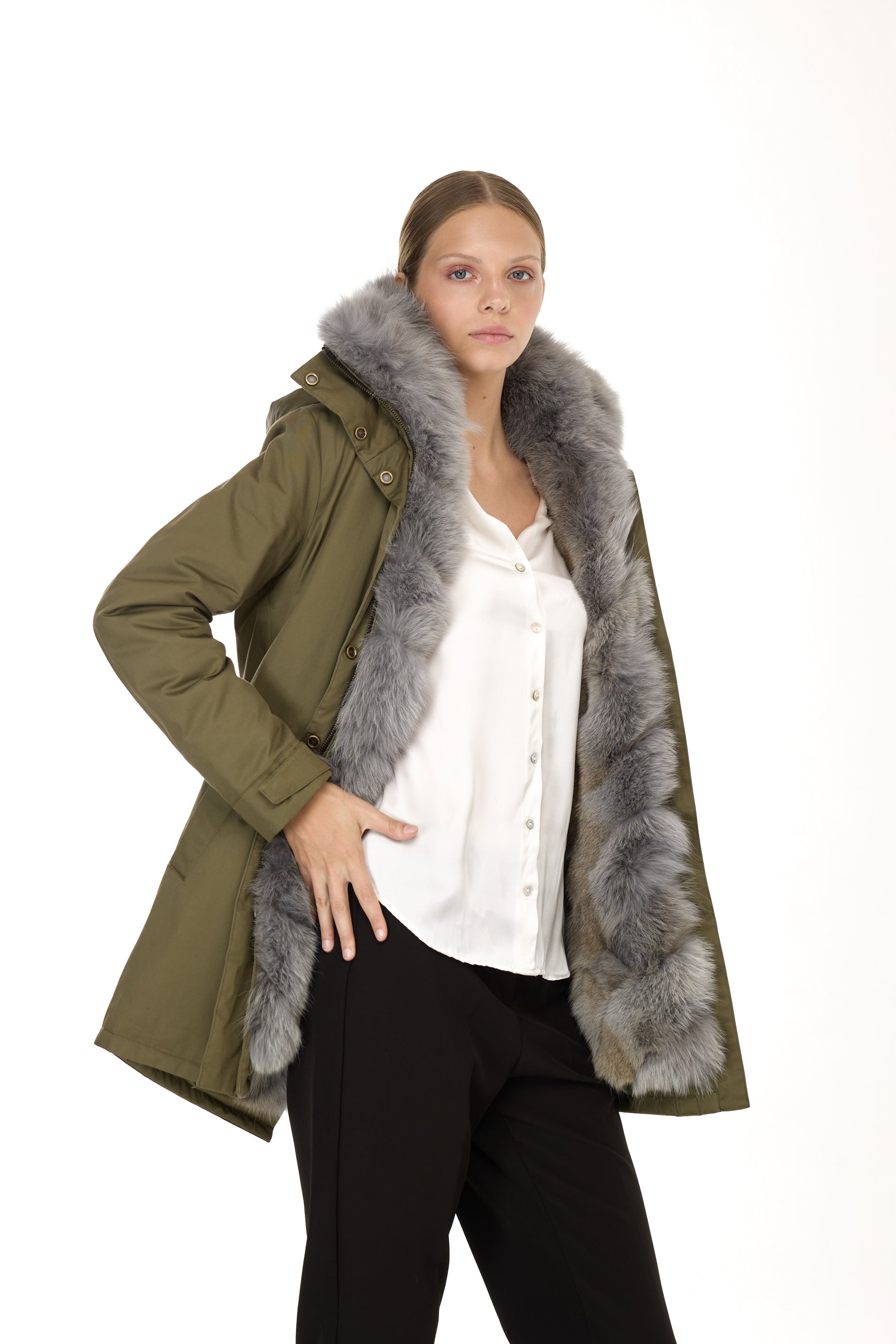 Elegant GRAY Parka with High Collar and Removable Fur Vest