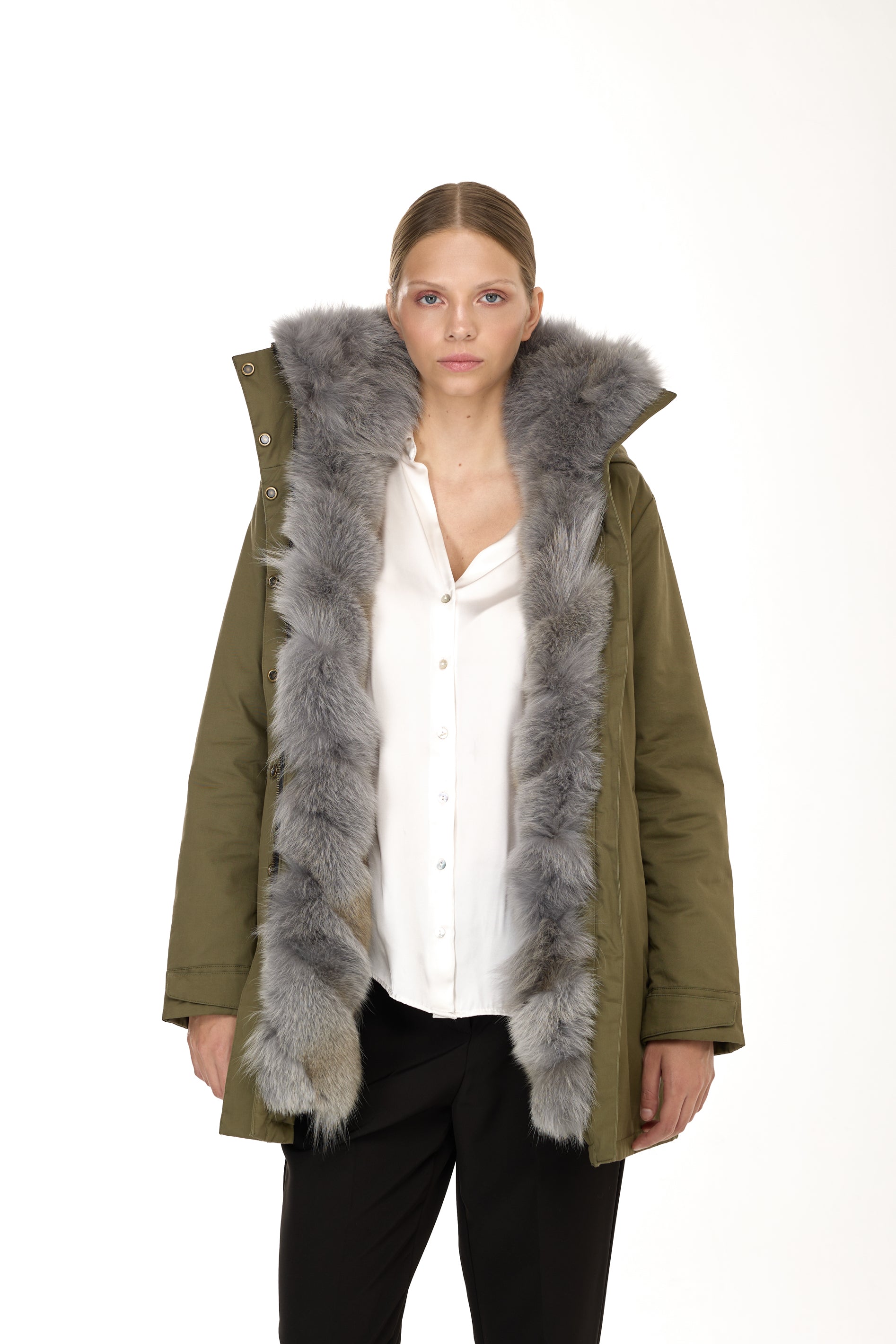 Elegant GRAY Parka with High Collar and Removable Fur Vest