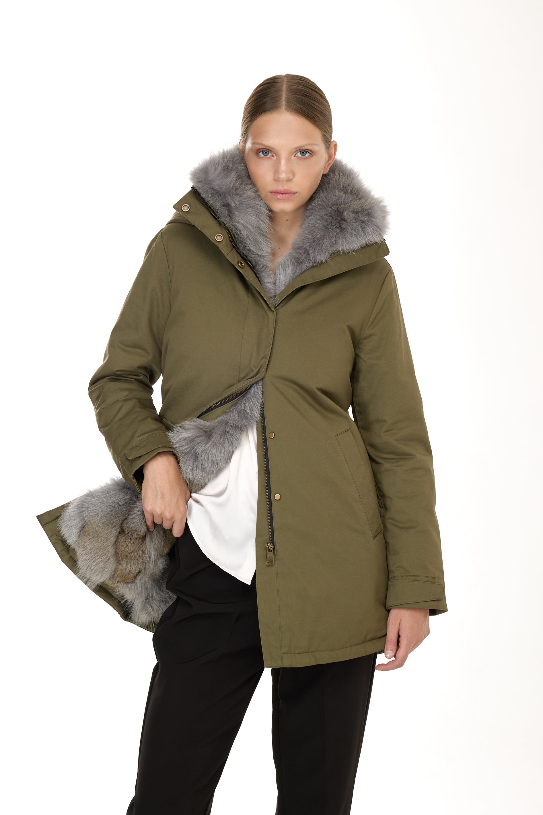 Parka Elegant GREY con Collo Alto e Gilet in pelliccia Removibile