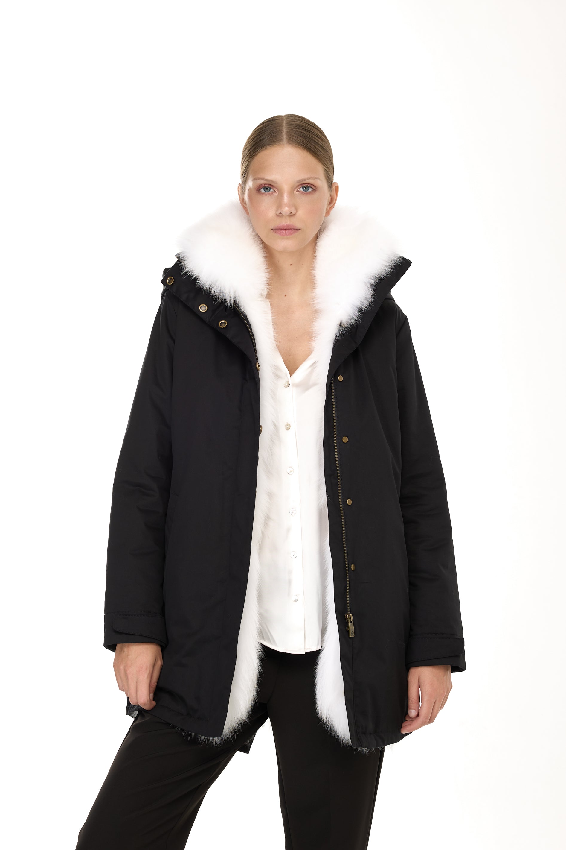 Elegant WHITE Parka with High Collar and Removable Fur Vest
