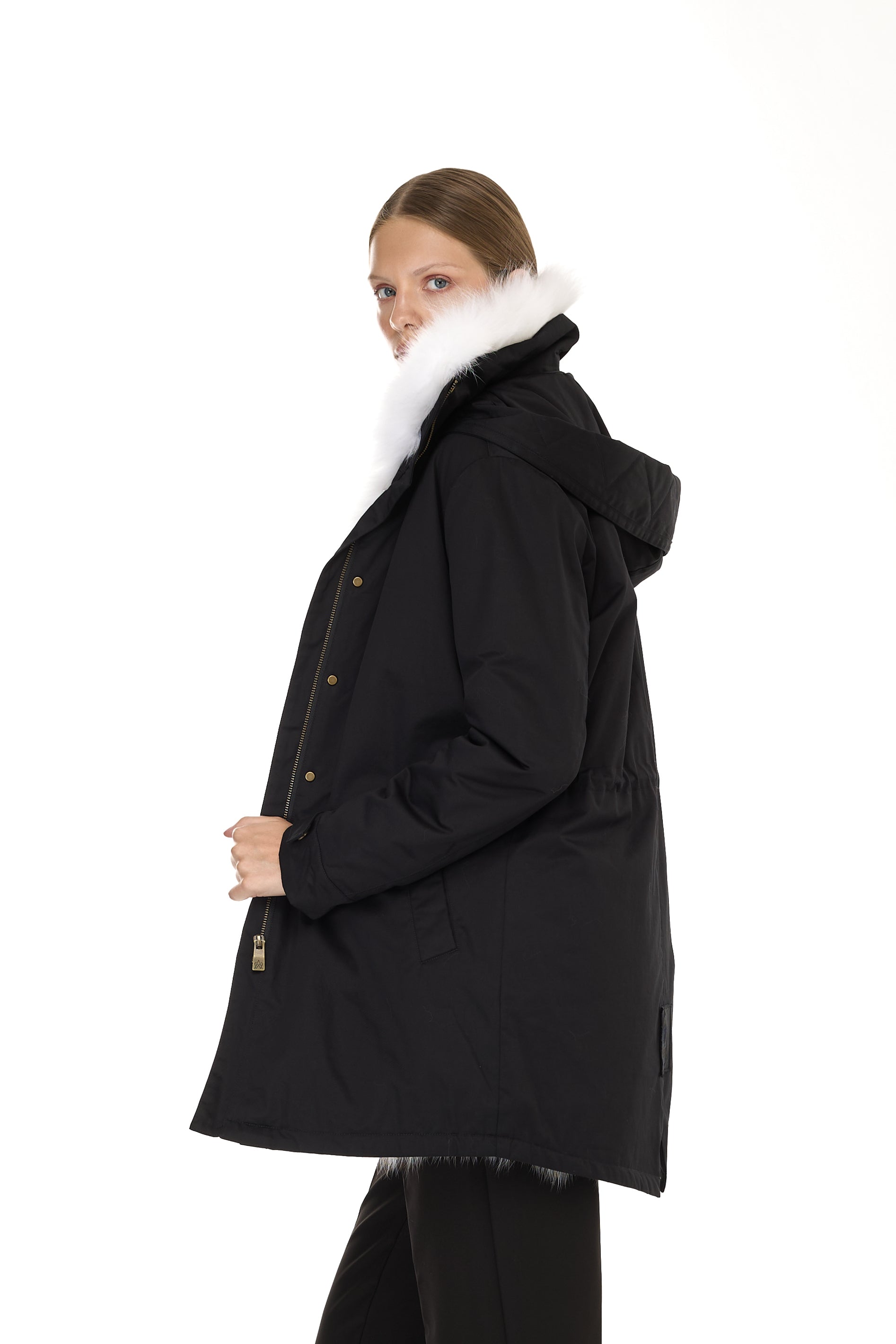 Elegant WHITE Parka with High Collar and Removable Fur Vest