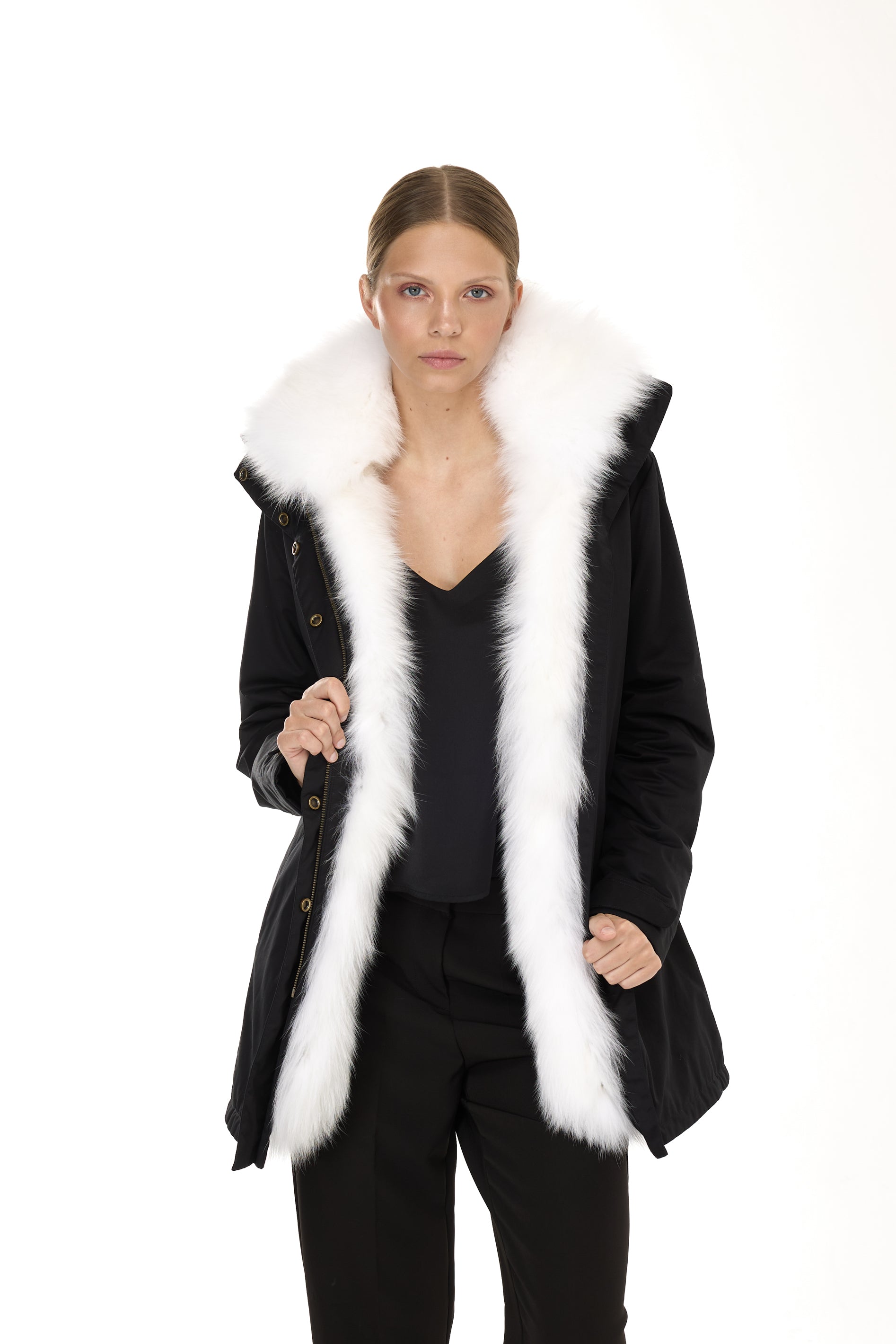 Elegant WHITE Parka with High Collar and Removable Fur Vest