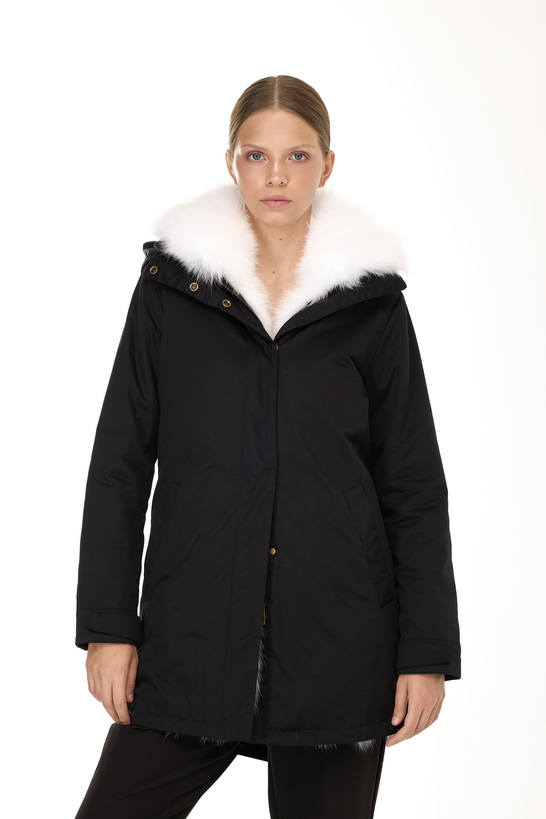Elegant WHITE Parka with High Collar and Removable Fur Vest
