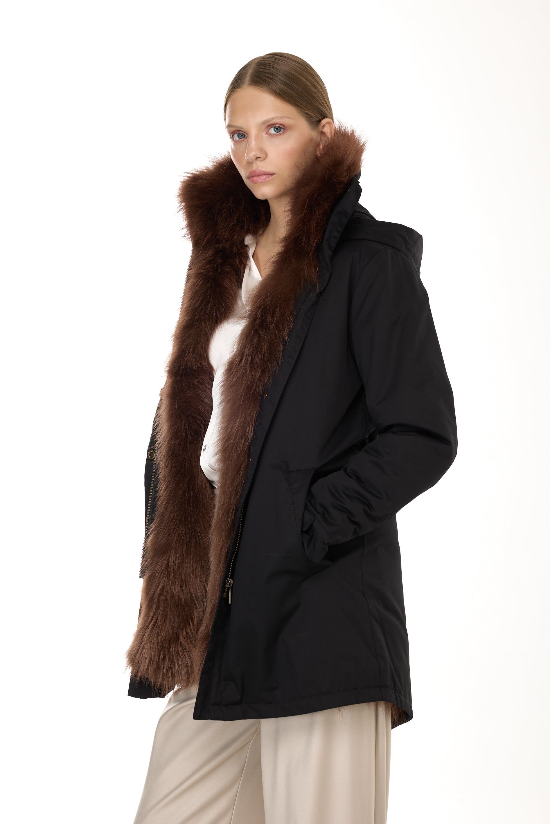 Parka Elegant BROWN con Collo Alto e Gilet in pelliccia Removibile