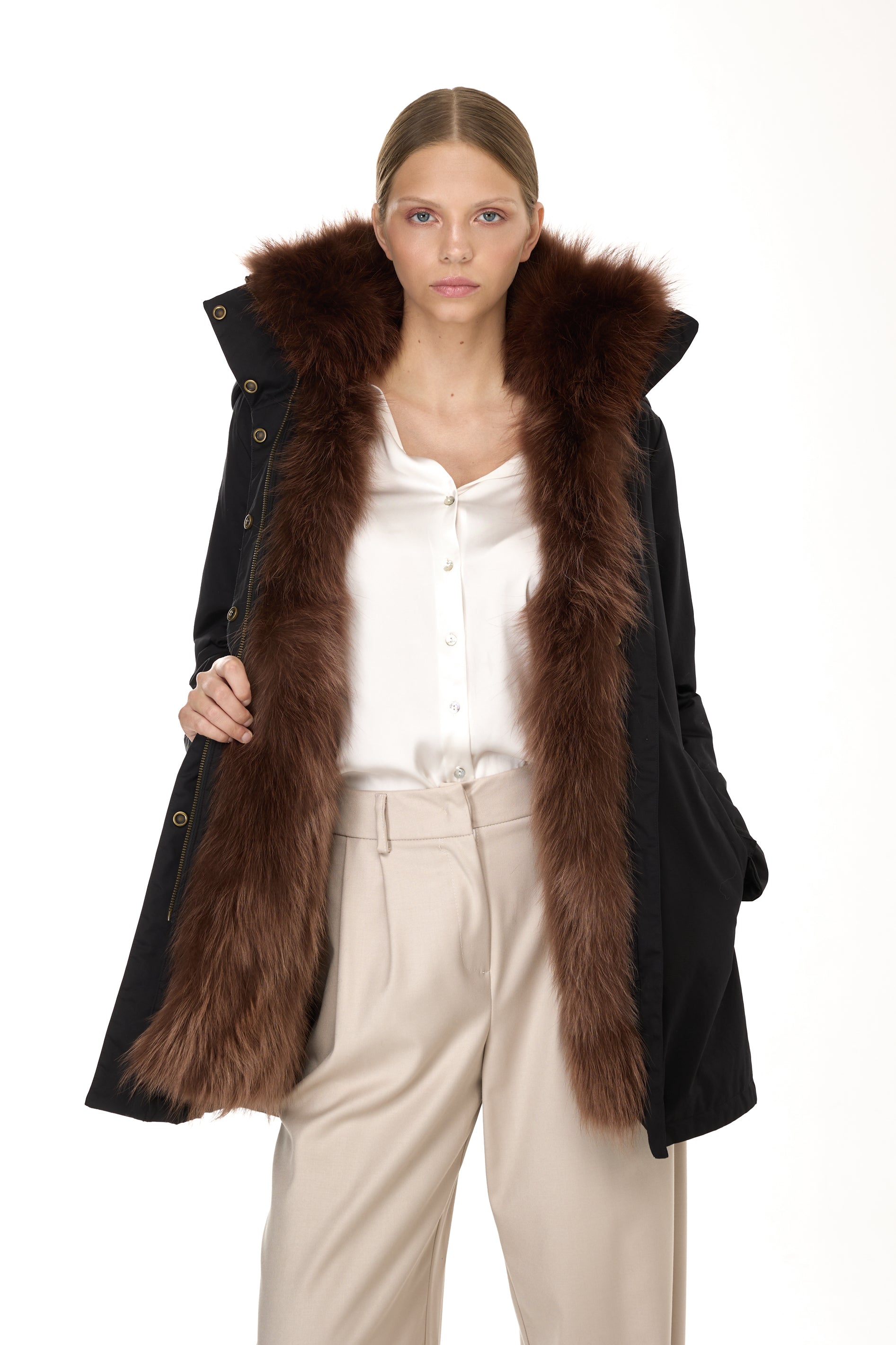 Elegant BROWN Parka with High Collar and Removable Fur Vest