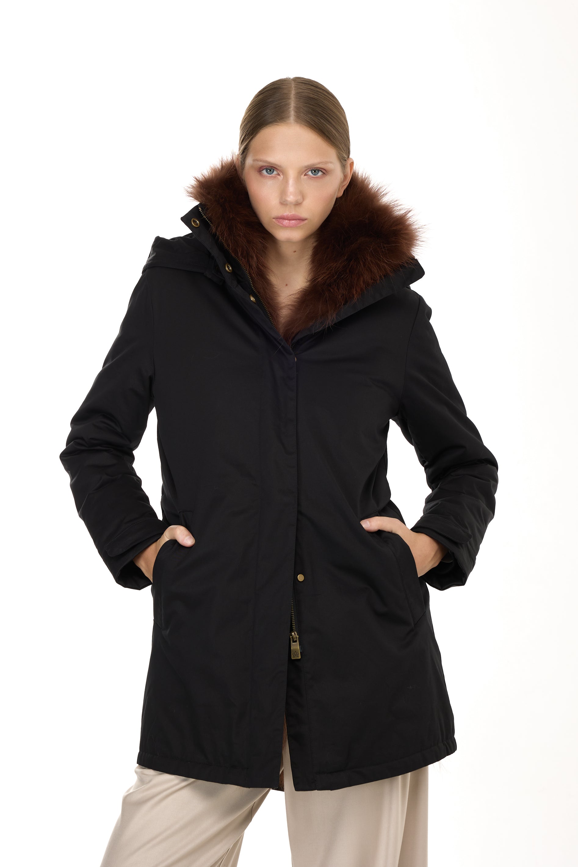 Elegant BROWN Parka with High Collar and Removable Fur Vest