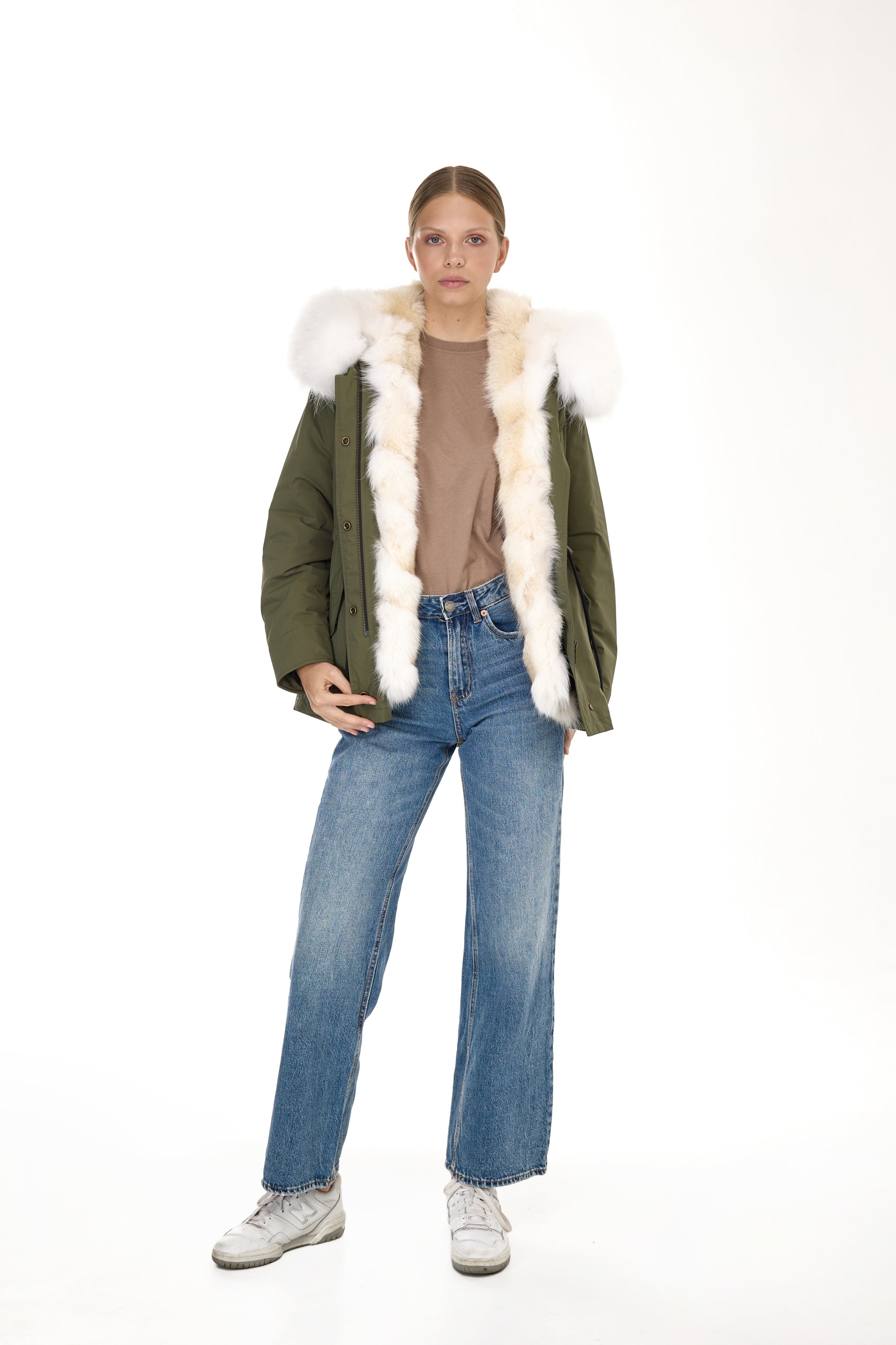 Urban WHITE short parka in waterproof cotton blend with coyote vest