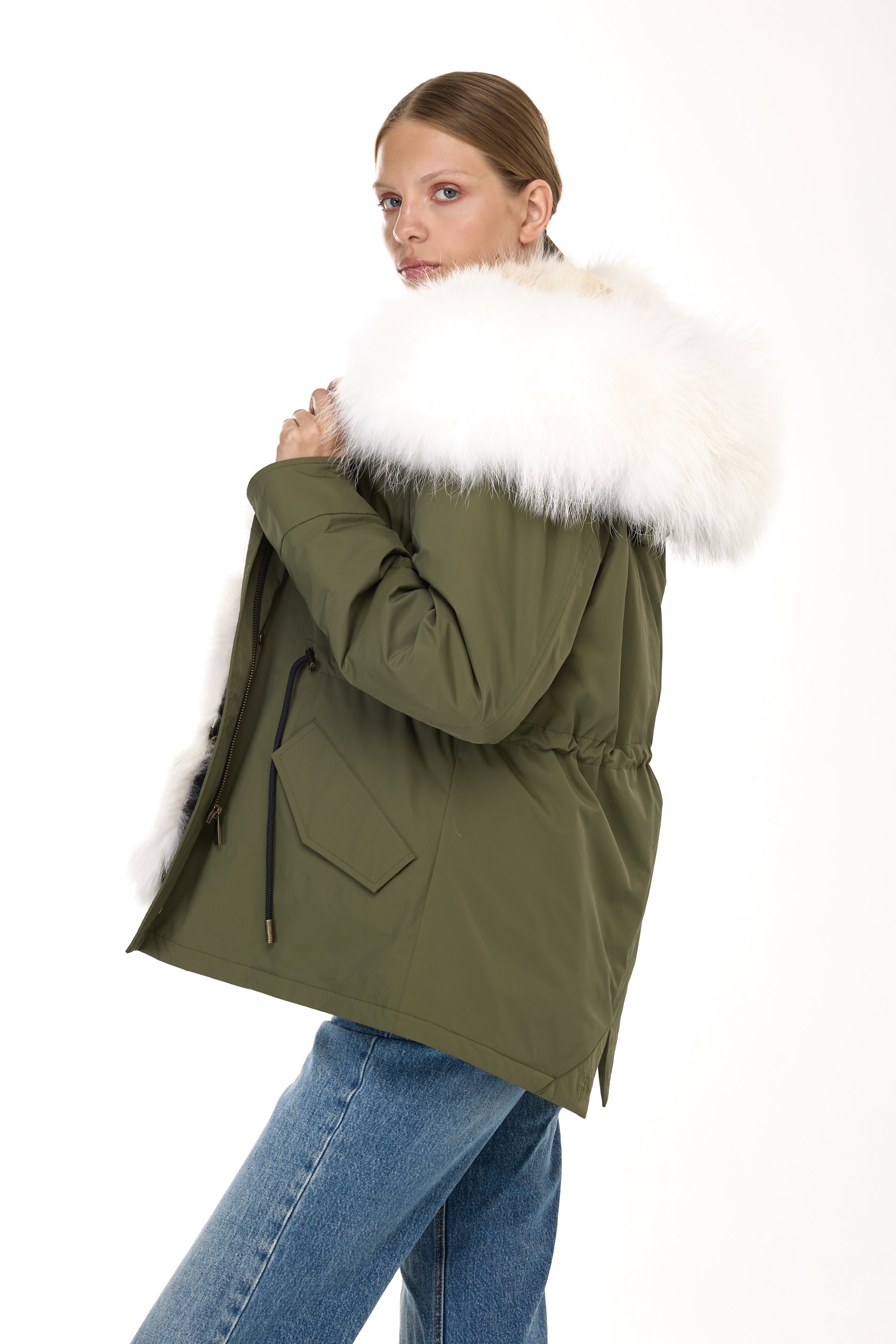 Urban WHITE short parka in waterproof cotton blend with coyote vest