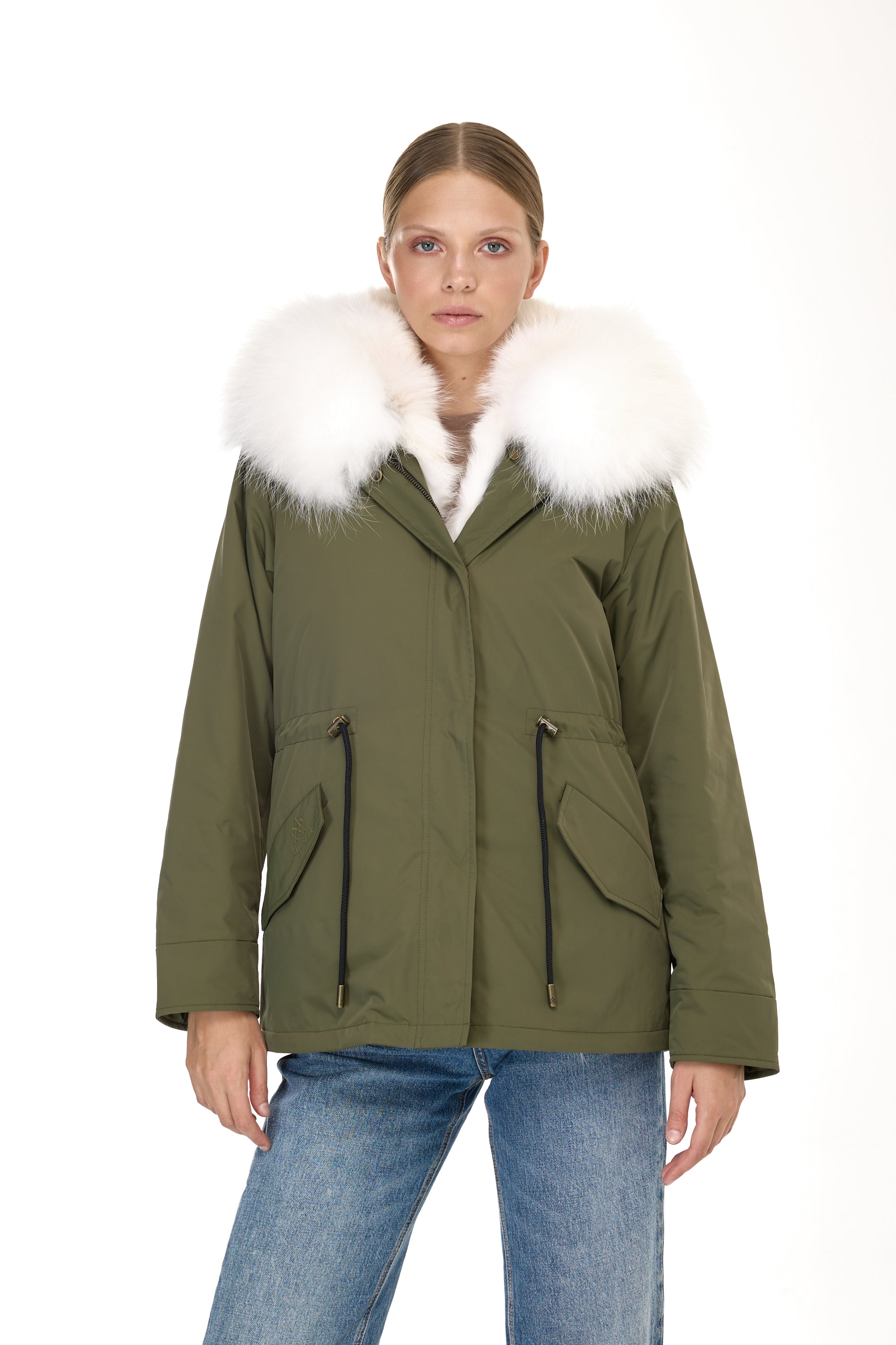 Urban WHITE short parka in waterproof cotton blend with coyote vest
