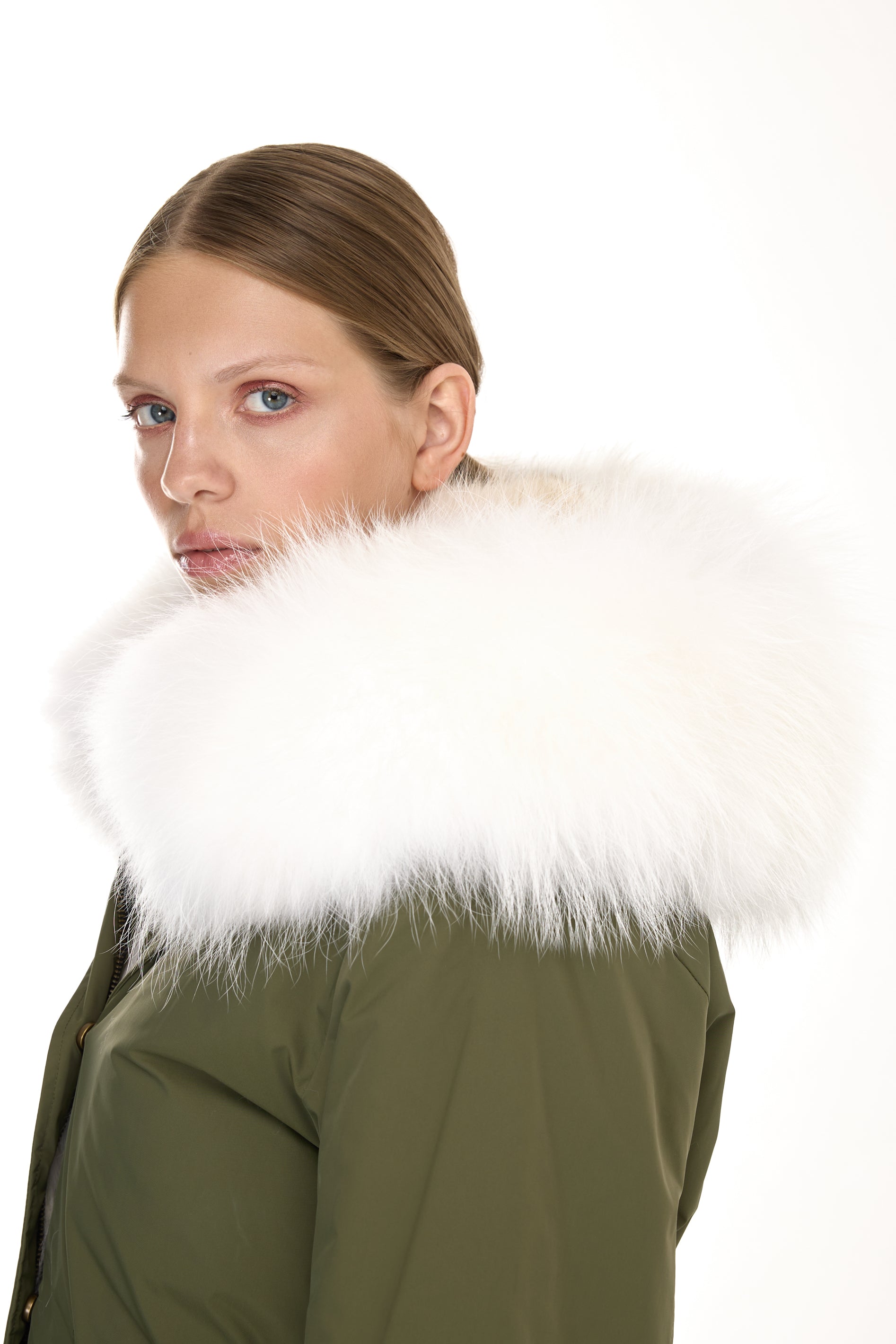 Urban WHITE short parka in waterproof cotton blend with coyote vest