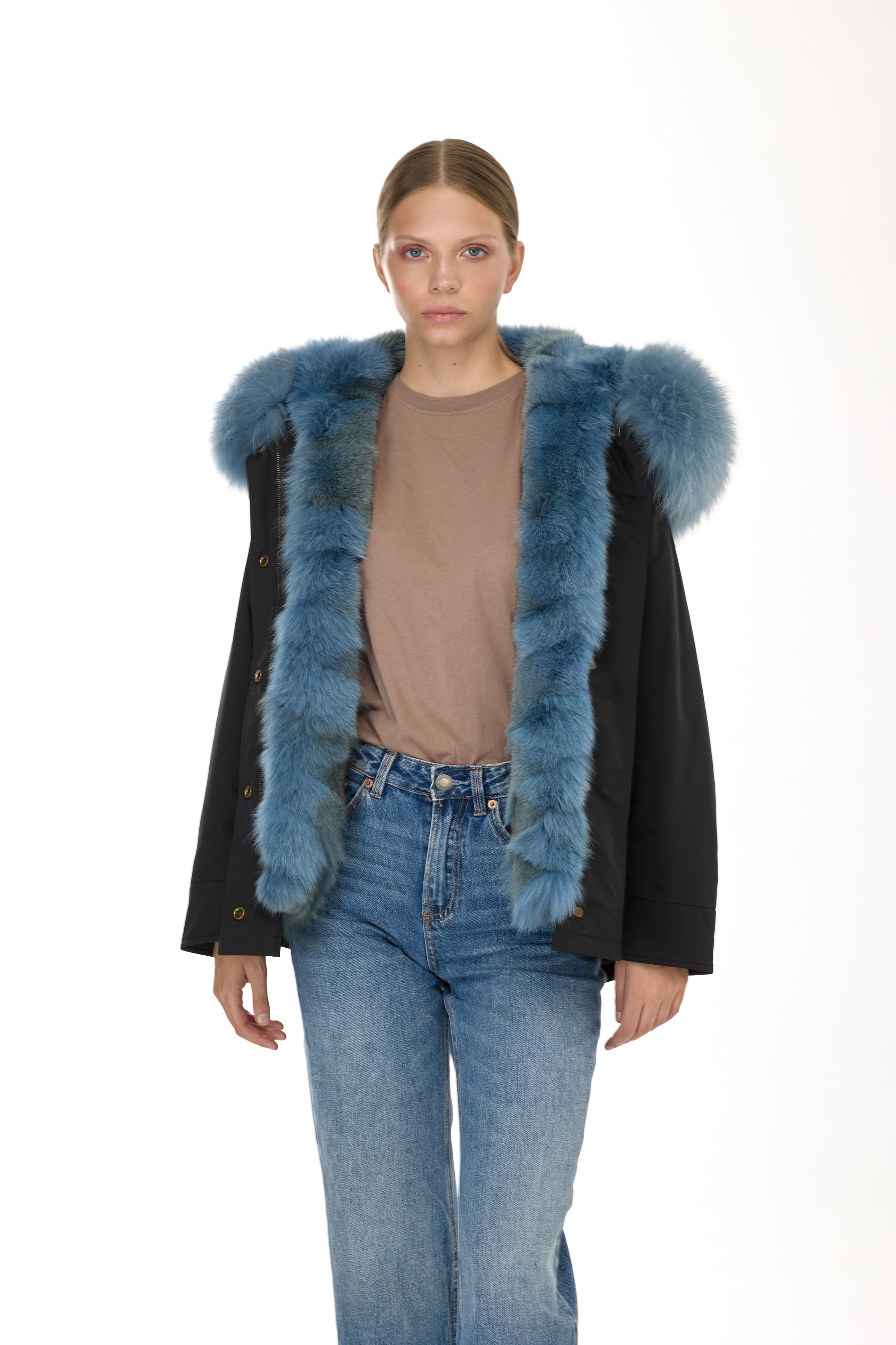 Urban GREYISH BLUE short parka in waterproof cotton blend with coyote vest