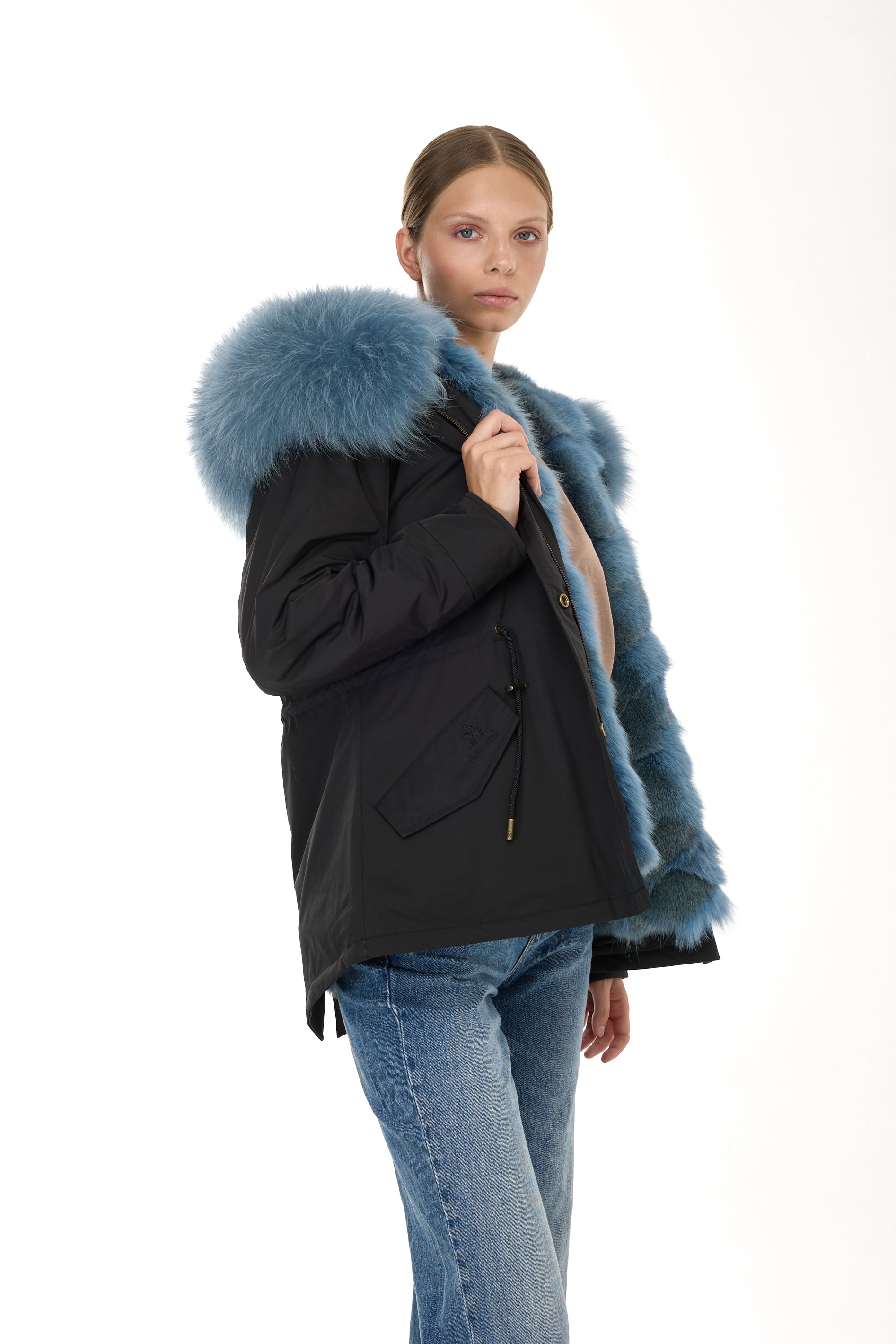 Urban GREYISH BLUE short parka in waterproof cotton blend with coyote vest