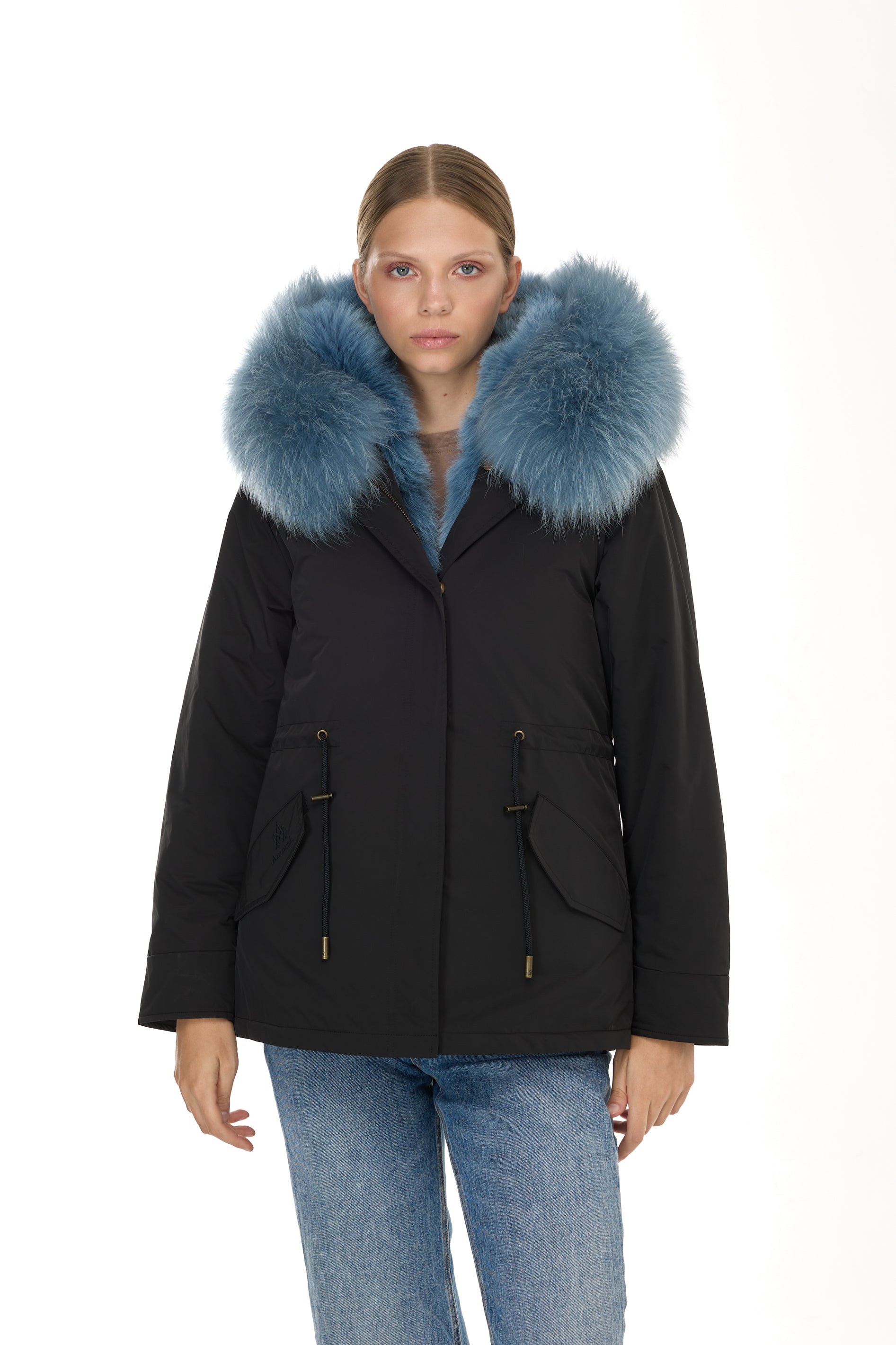 Urban GREYISH BLUE short parka in waterproof cotton blend with coyote vest