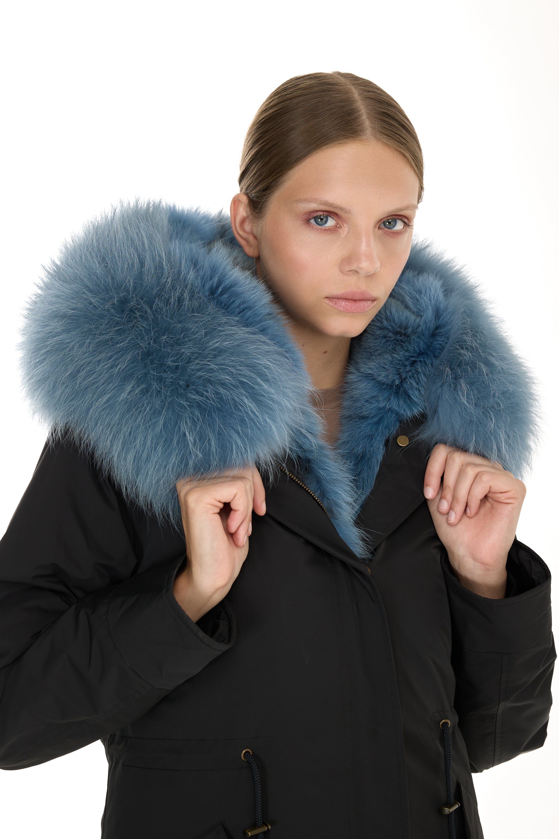 Urban GREYISH BLUE short parka in waterproof cotton blend with coyote vest