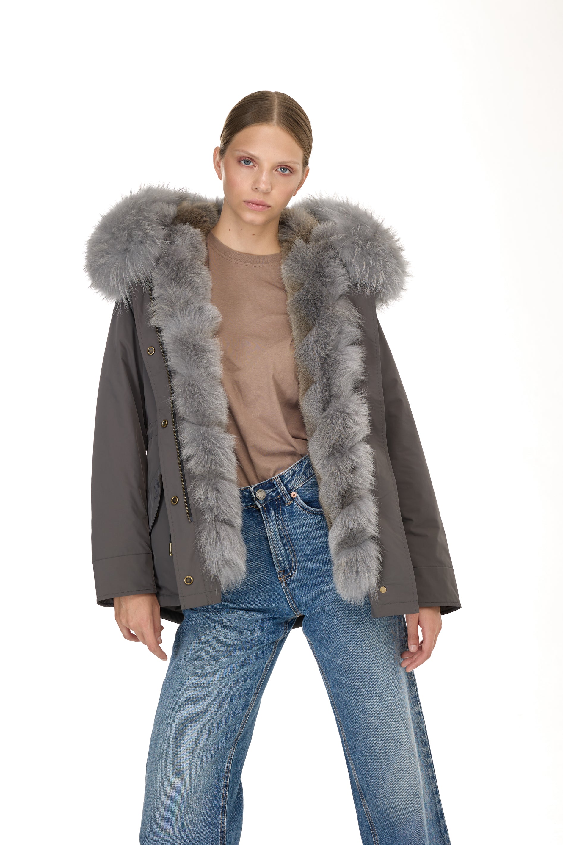 Urban GRAY short parka in waterproof cotton blend with coyote vest