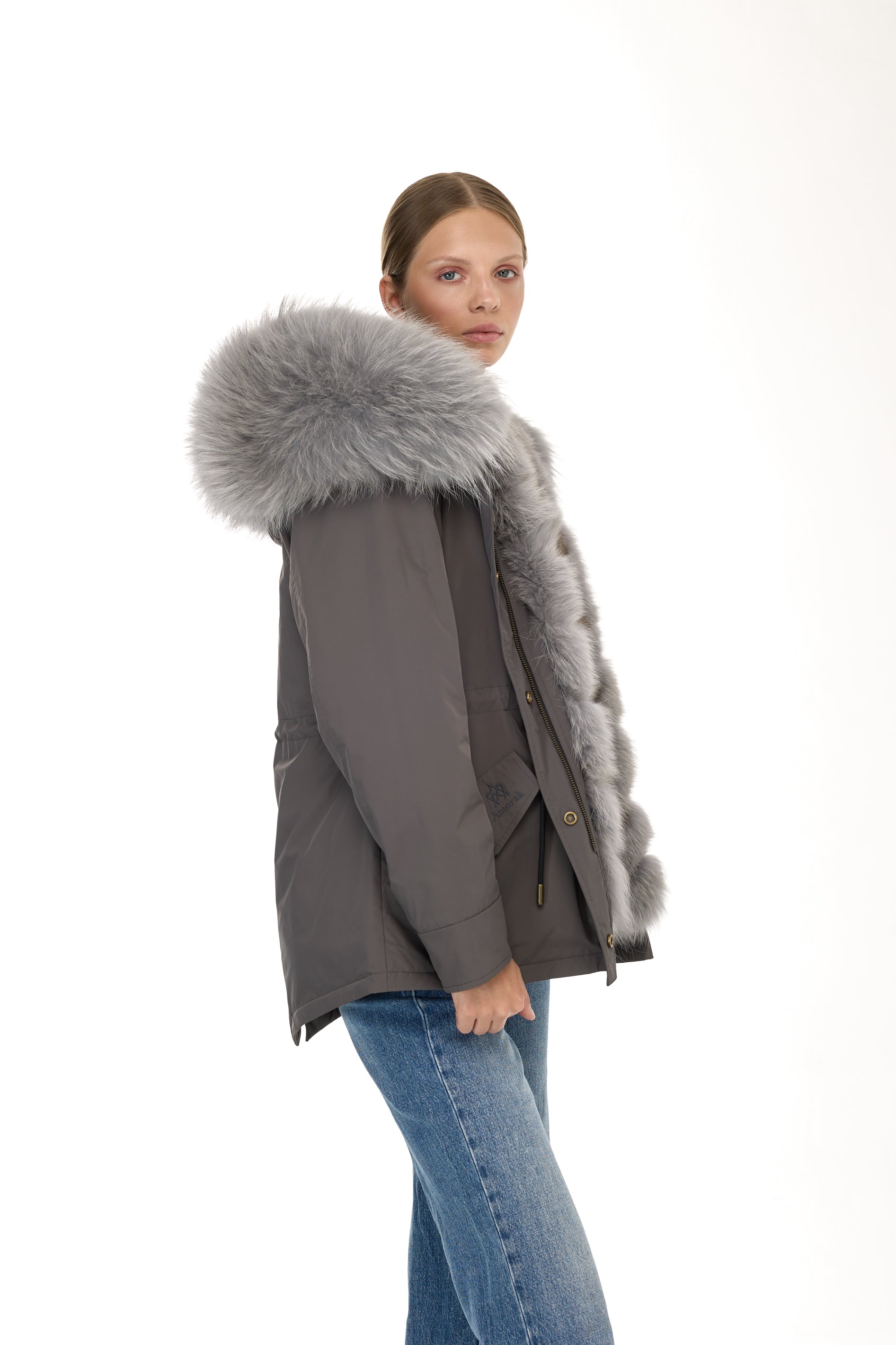 Urban GRAY short parka in waterproof cotton blend with coyote vest