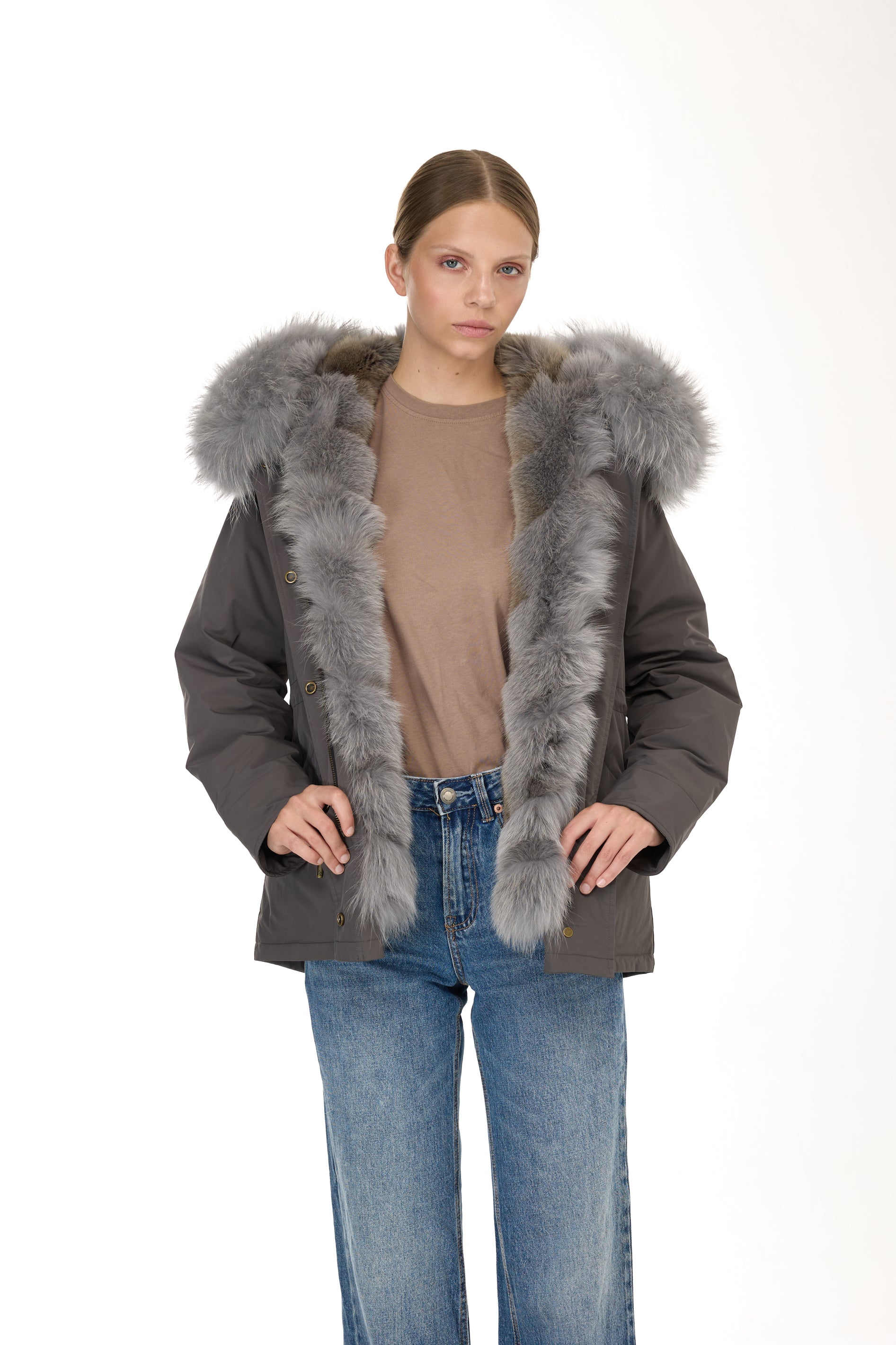 Urban GRAY short parka in waterproof cotton blend with coyote vest
