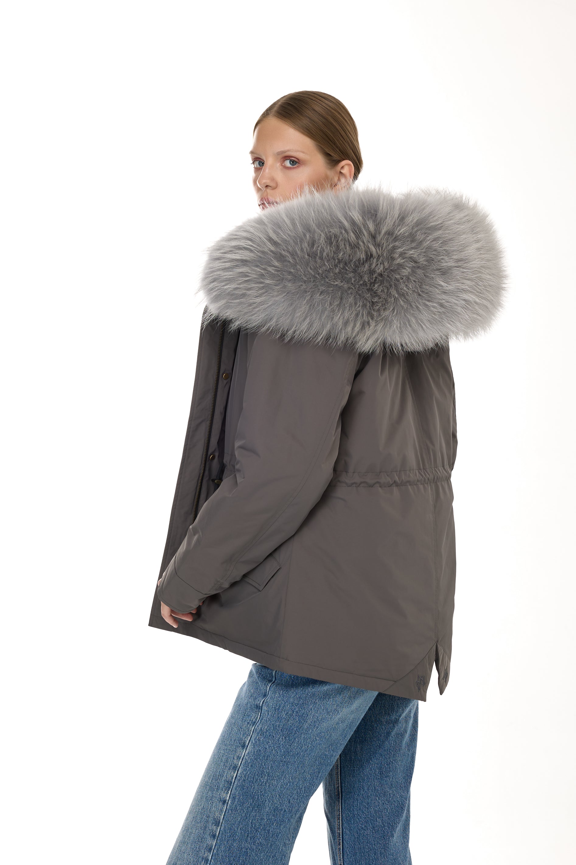 Urban GRAY short parka in waterproof cotton blend with coyote vest