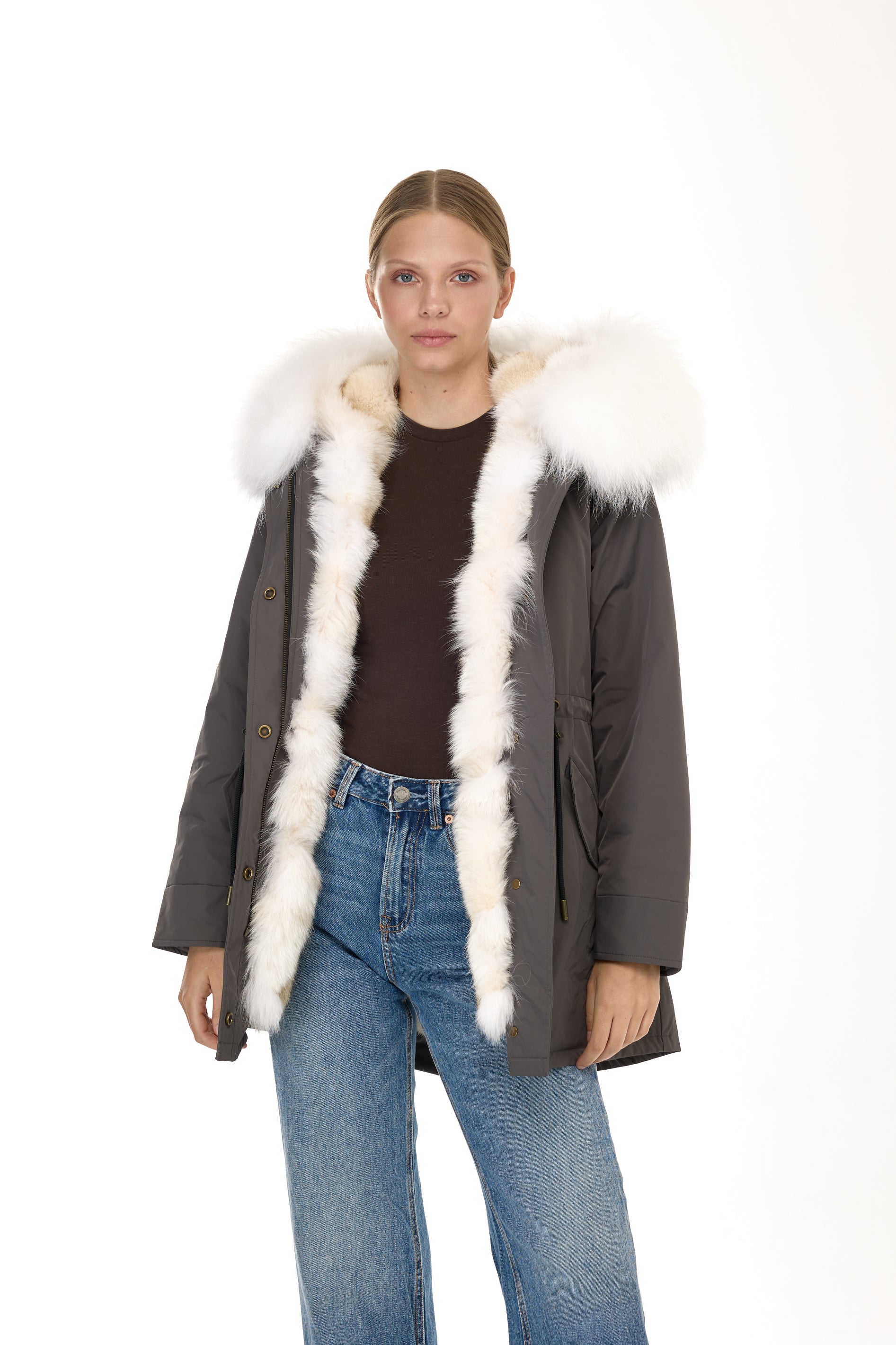 Urban WHITE long parka in waterproof cotton blend with coyote vest