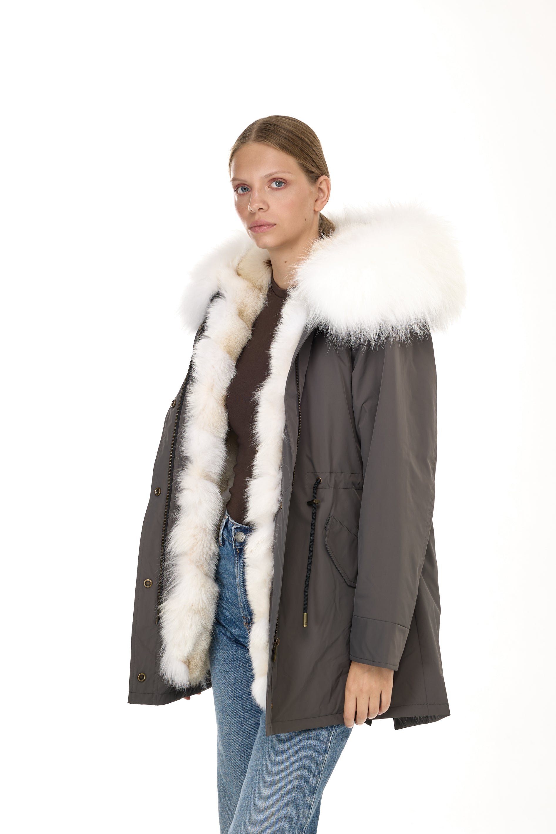 Urban WHITE long parka in waterproof cotton blend with coyote vest