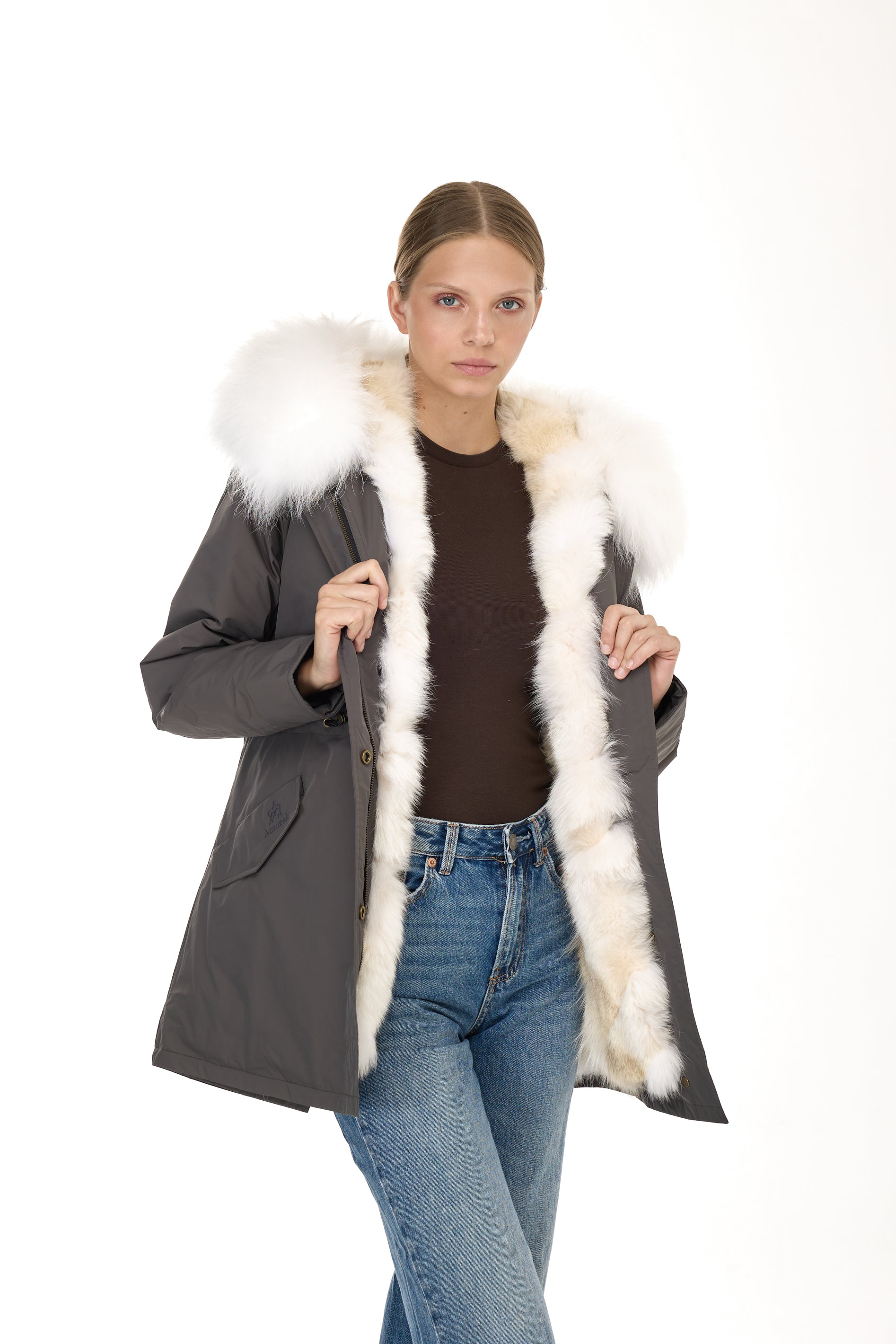 Urban WHITE long parka in waterproof cotton blend with coyote vest