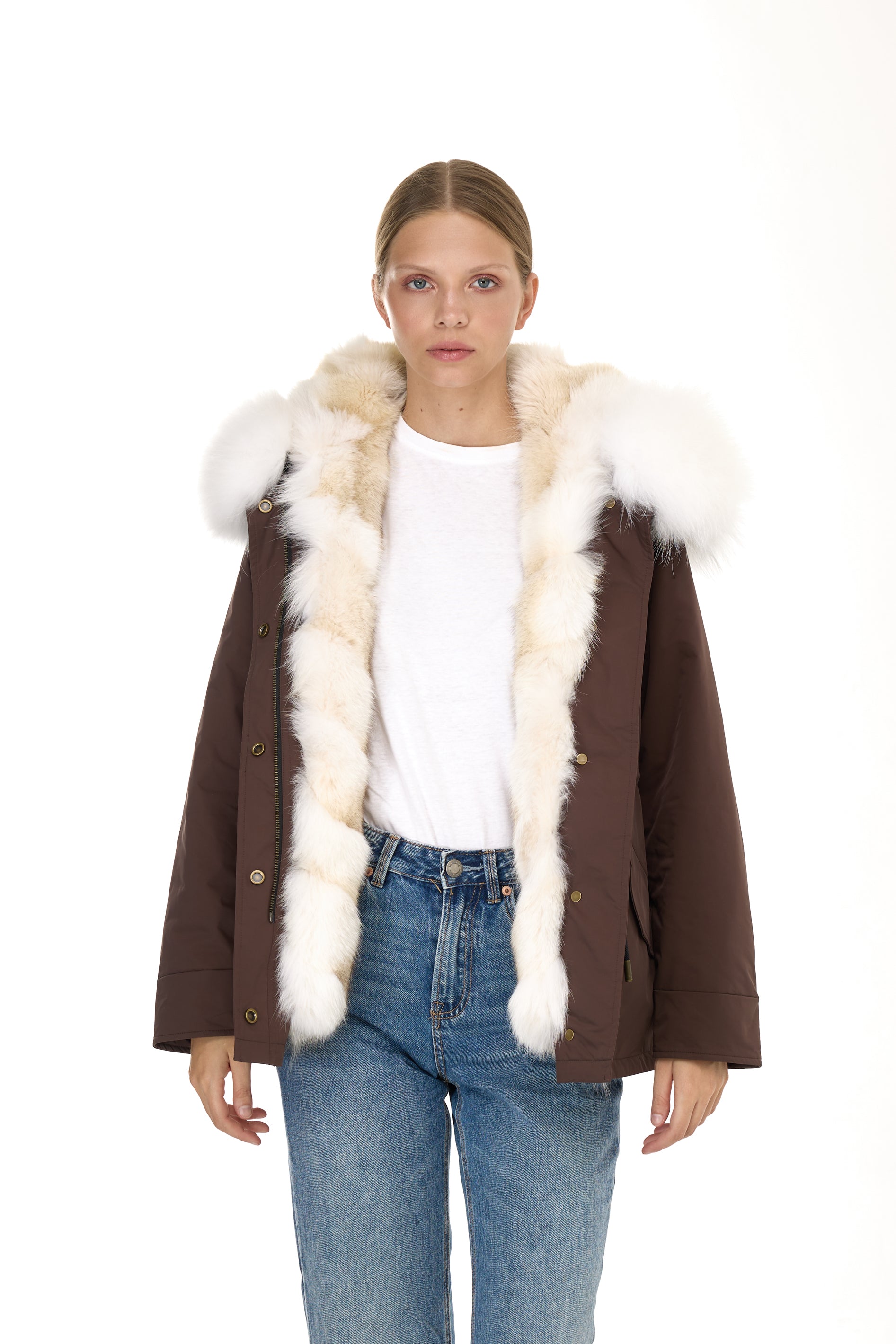 Urban WHITE short parka in waterproof cotton blend with coyote vest