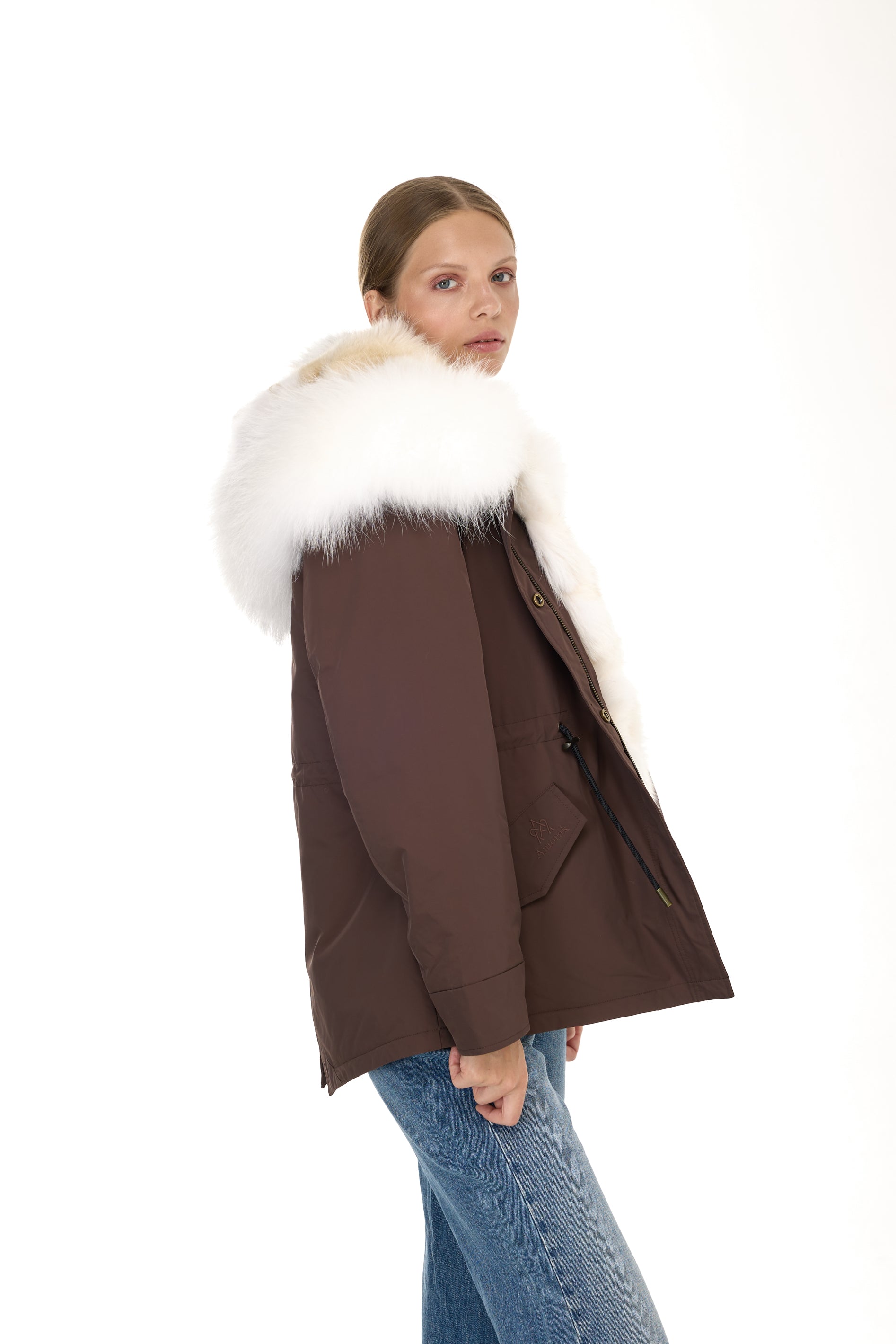 Urban WHITE short parka in waterproof cotton blend with coyote vest