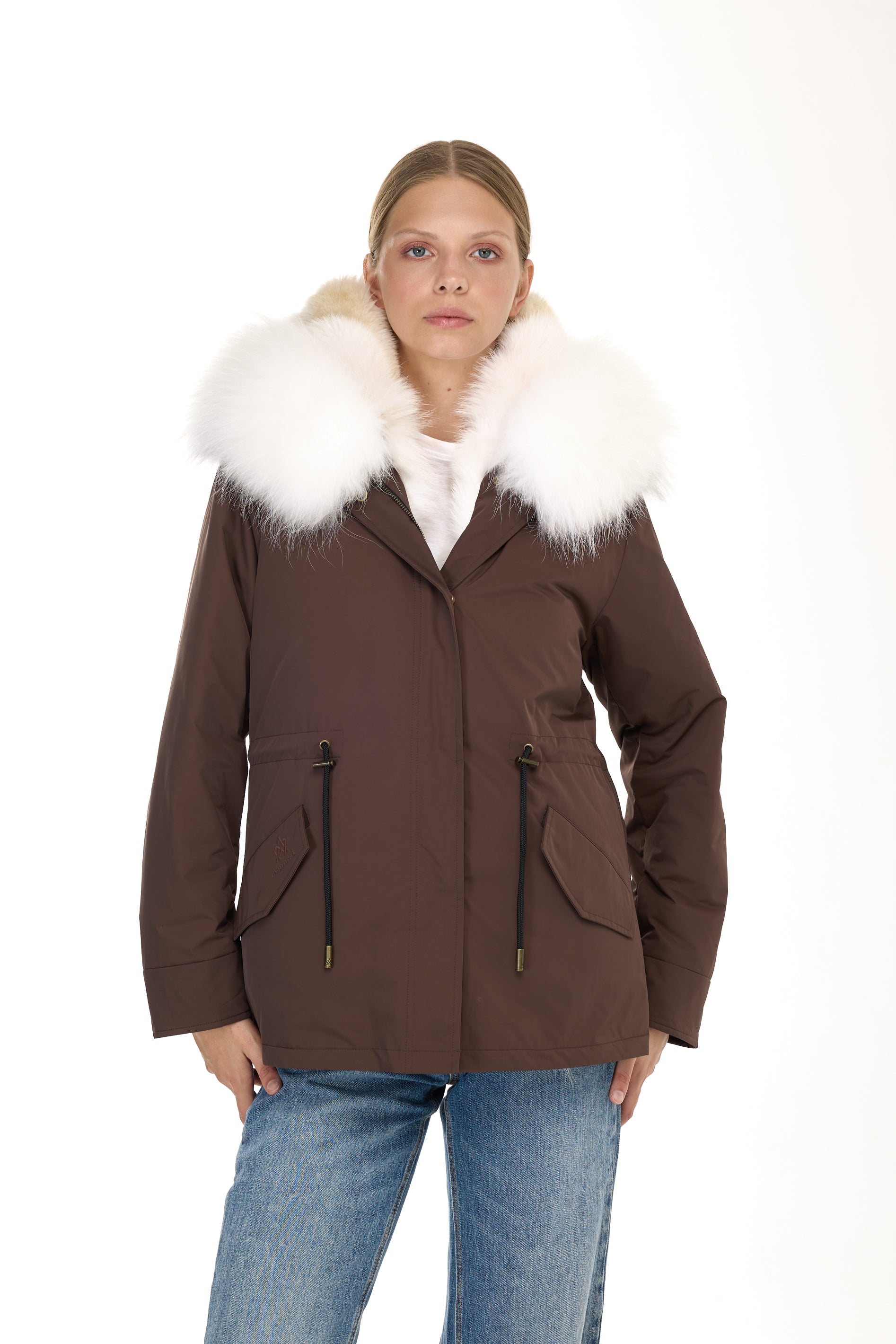 Urban WHITE short parka in waterproof cotton blend with coyote vest