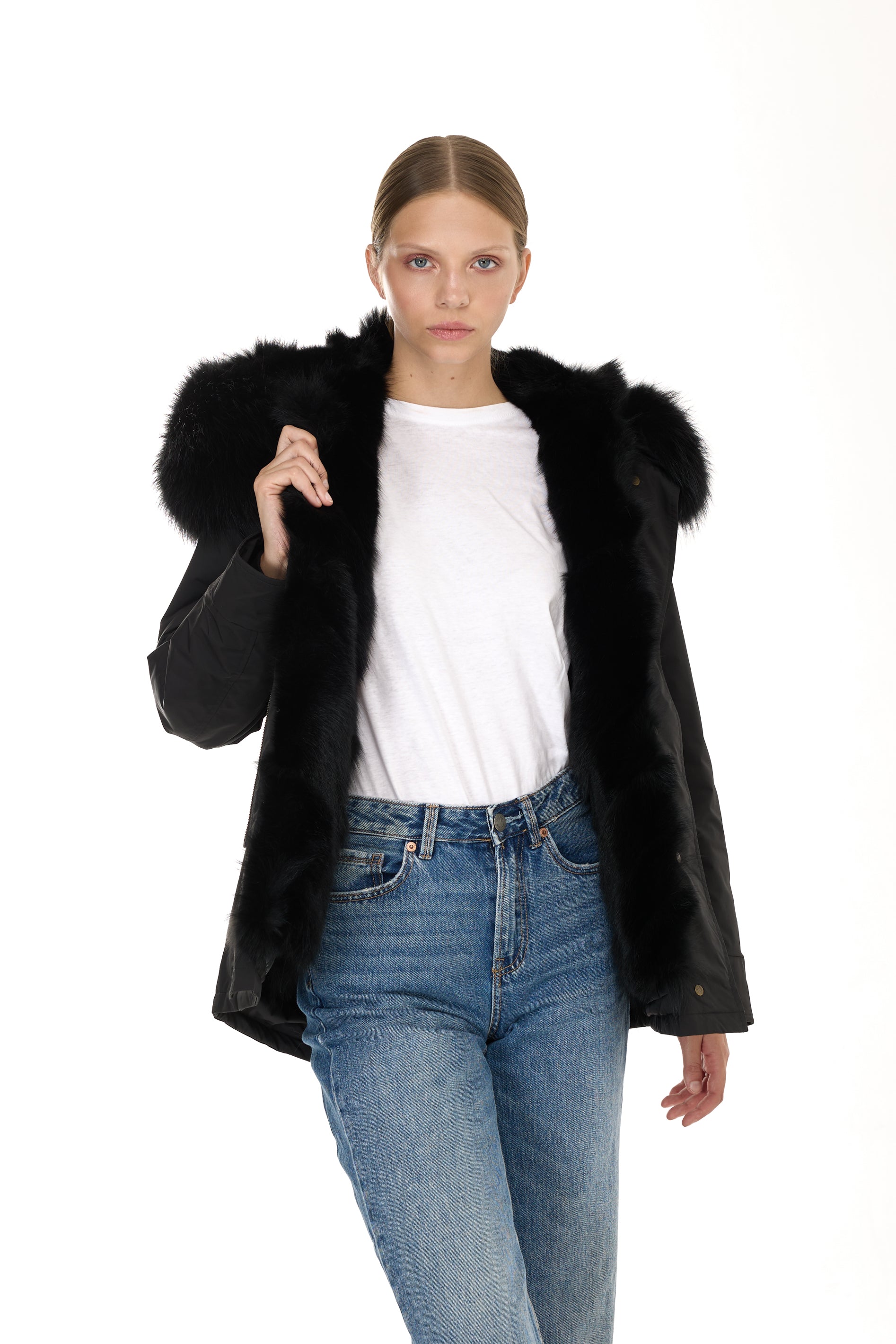 Urban BLACK short parka in waterproof cotton blend with vest