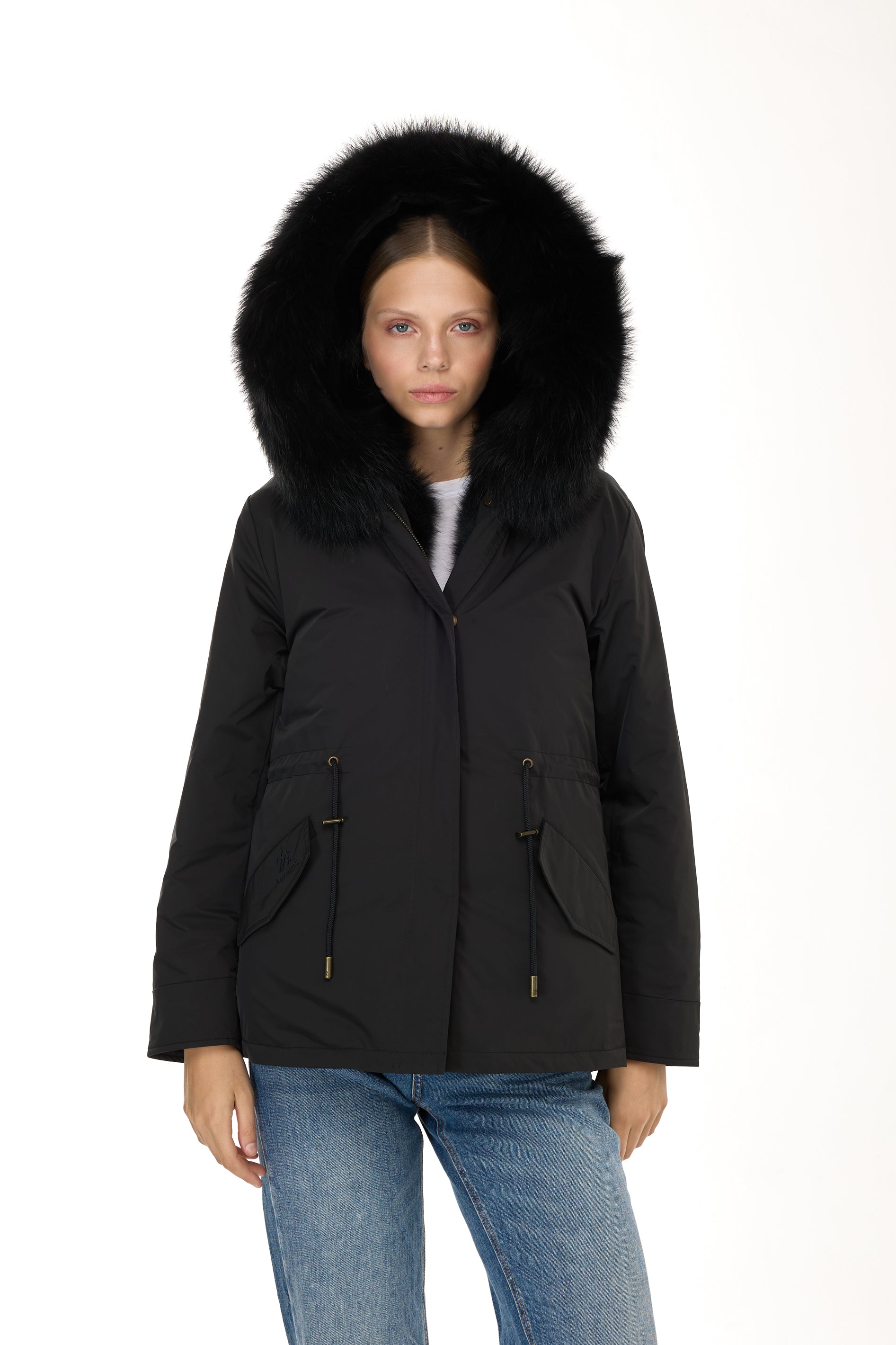 Urban BLACK short parka in waterproof cotton blend with vest