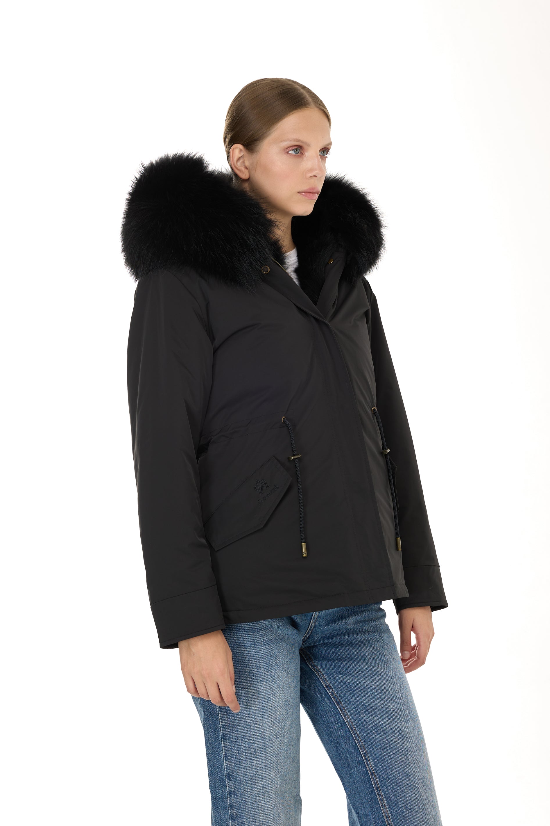 Urban BLACK short parka in waterproof cotton blend with vest
