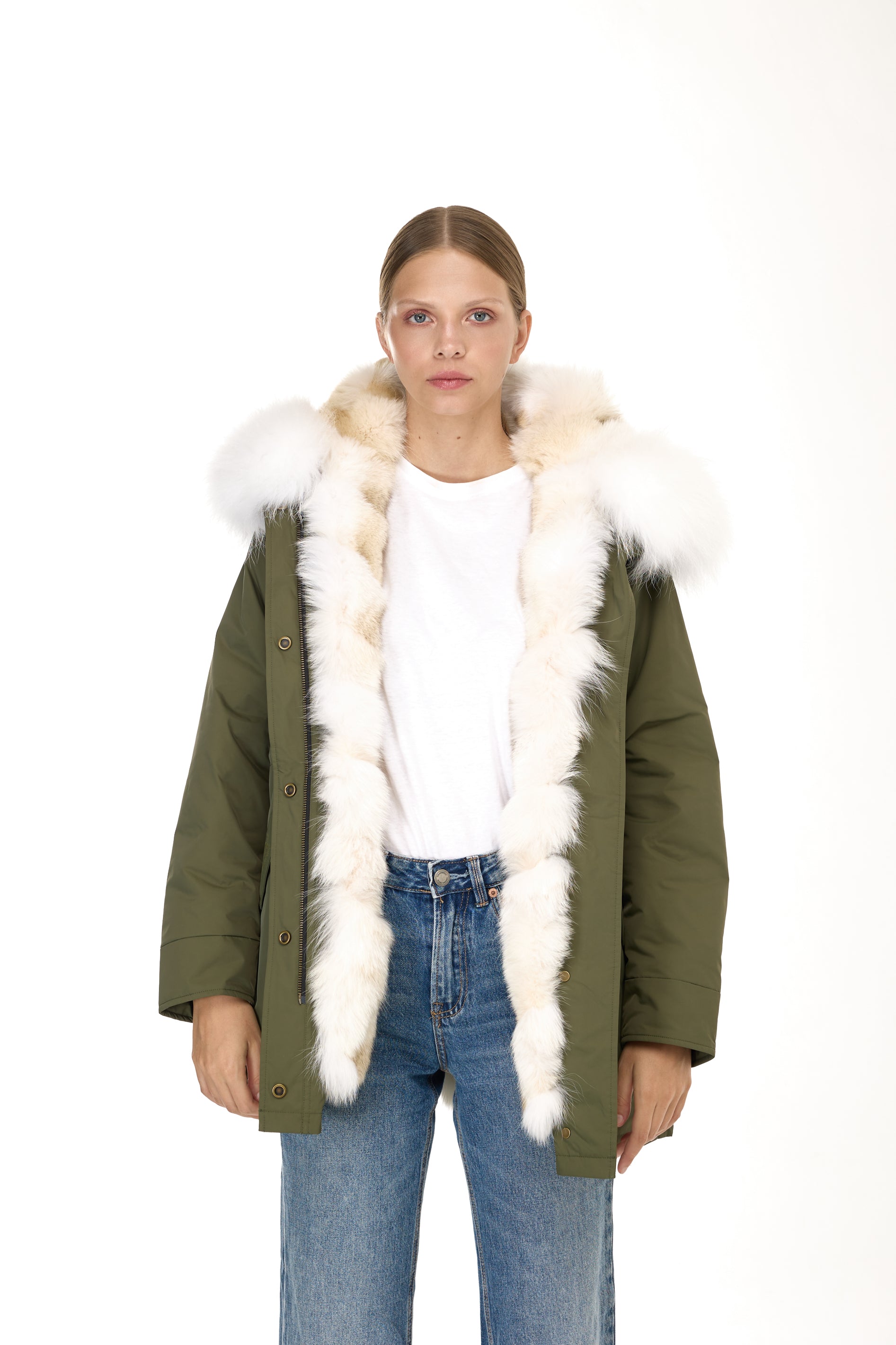 Urban WHITE long parka in waterproof cotton blend with coyote vest