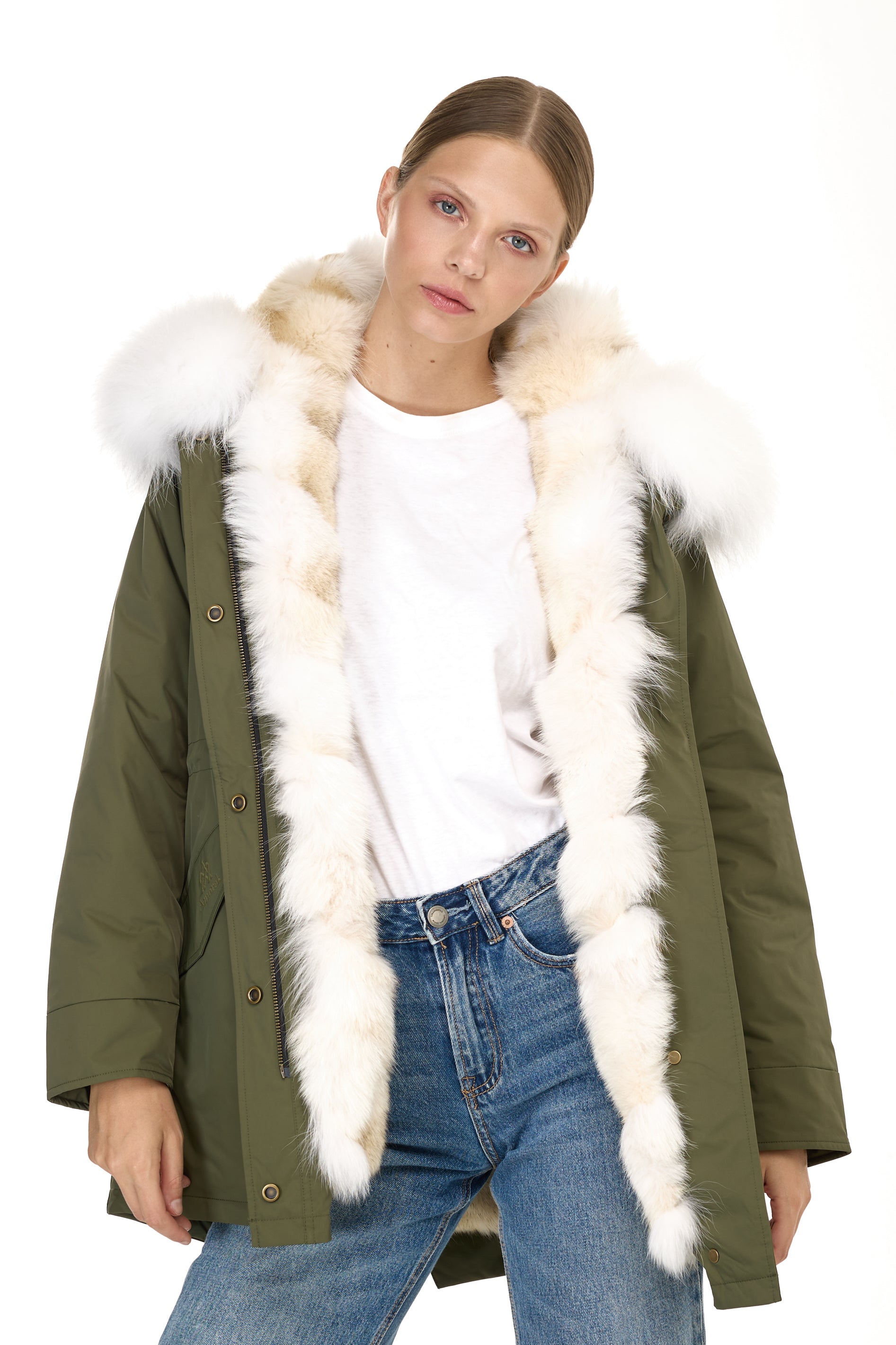 Urban WHITE long parka in waterproof cotton blend with coyote vest