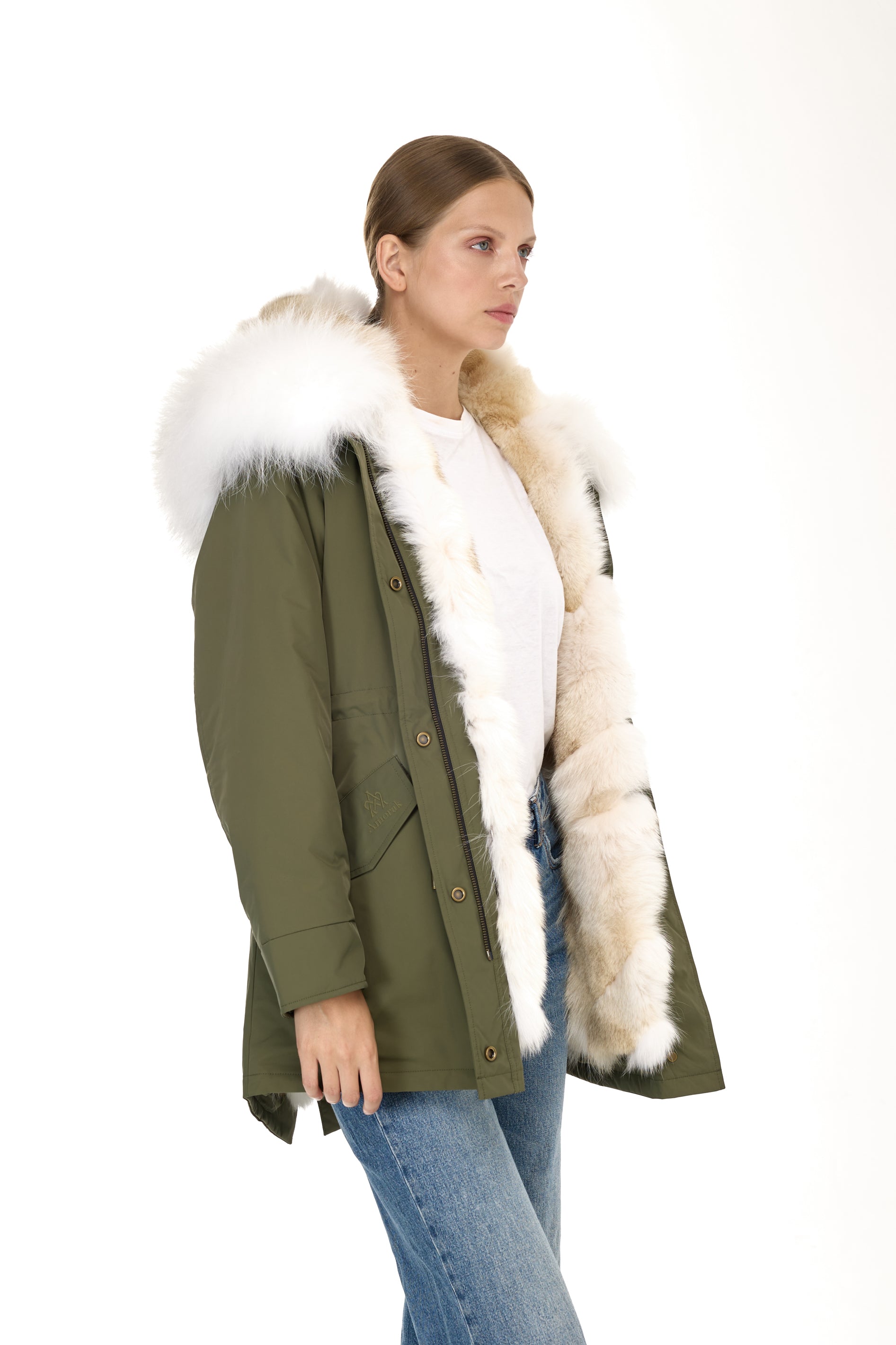 Urban WHITE long parka in waterproof cotton blend with coyote vest