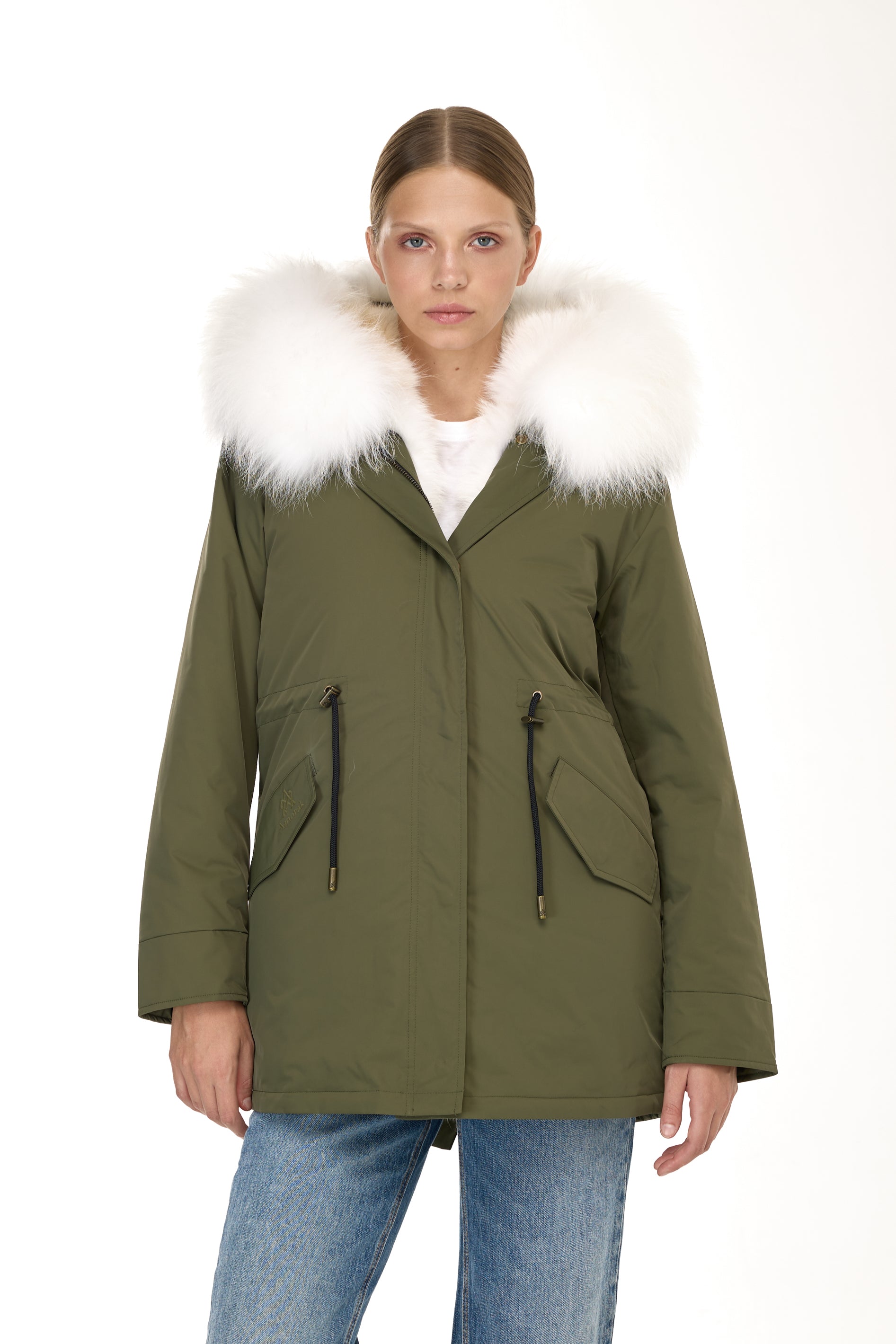 Urban WHITE long parka in waterproof cotton blend with coyote vest