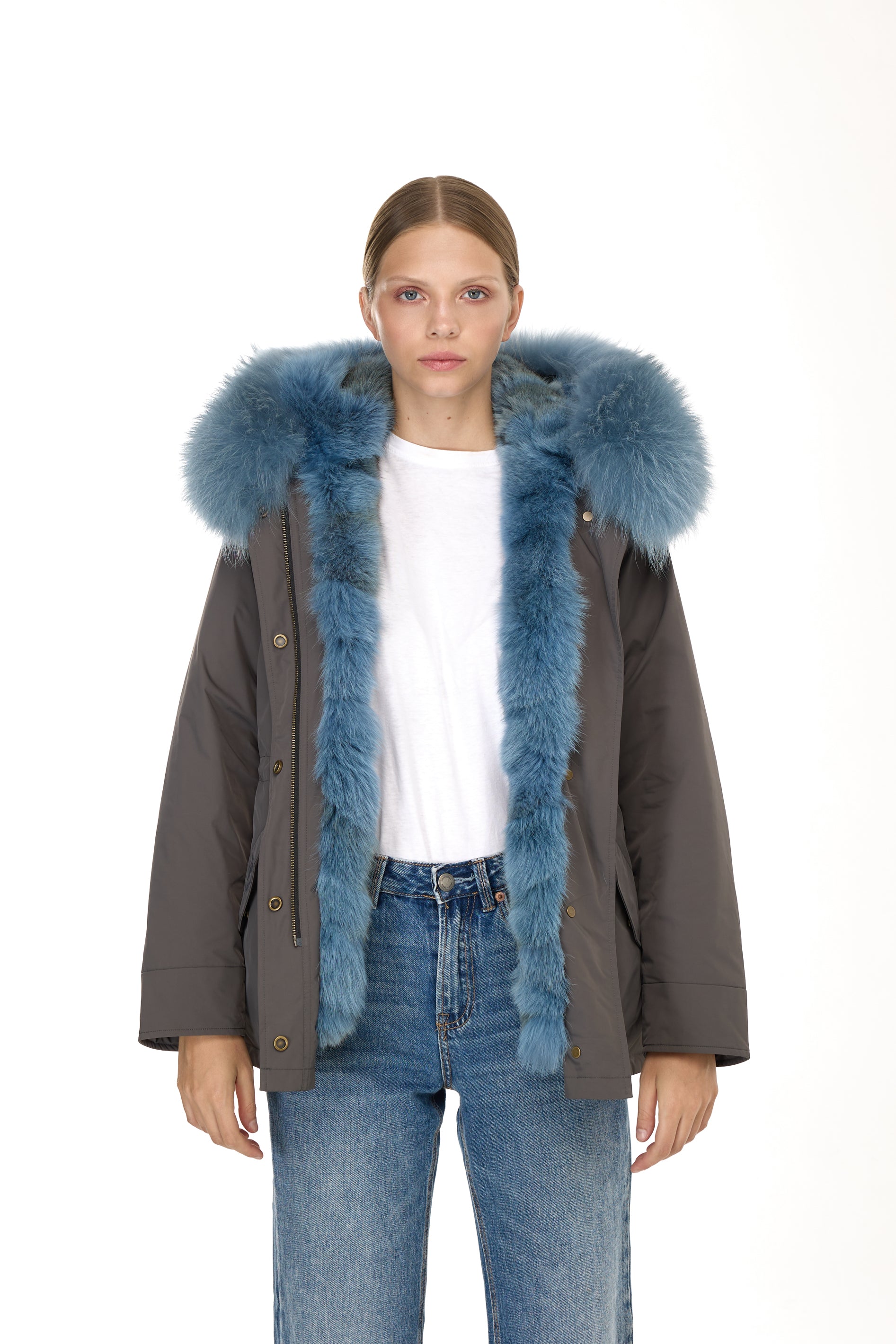 Urban GREYISH BLUE short parka in waterproof cotton blend with coyote vest