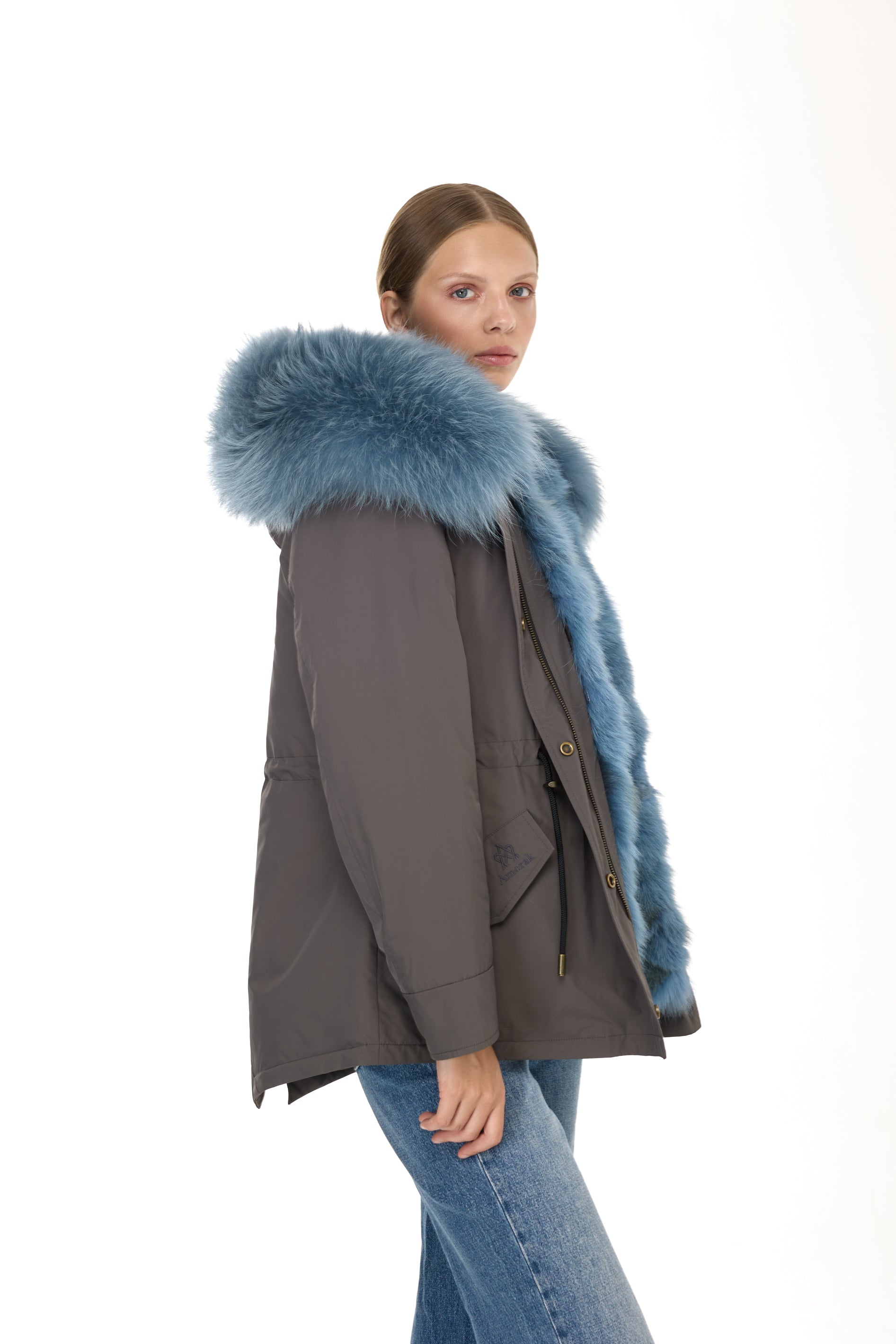 Urban GREYISH BLUE short parka in waterproof cotton blend with coyote vest