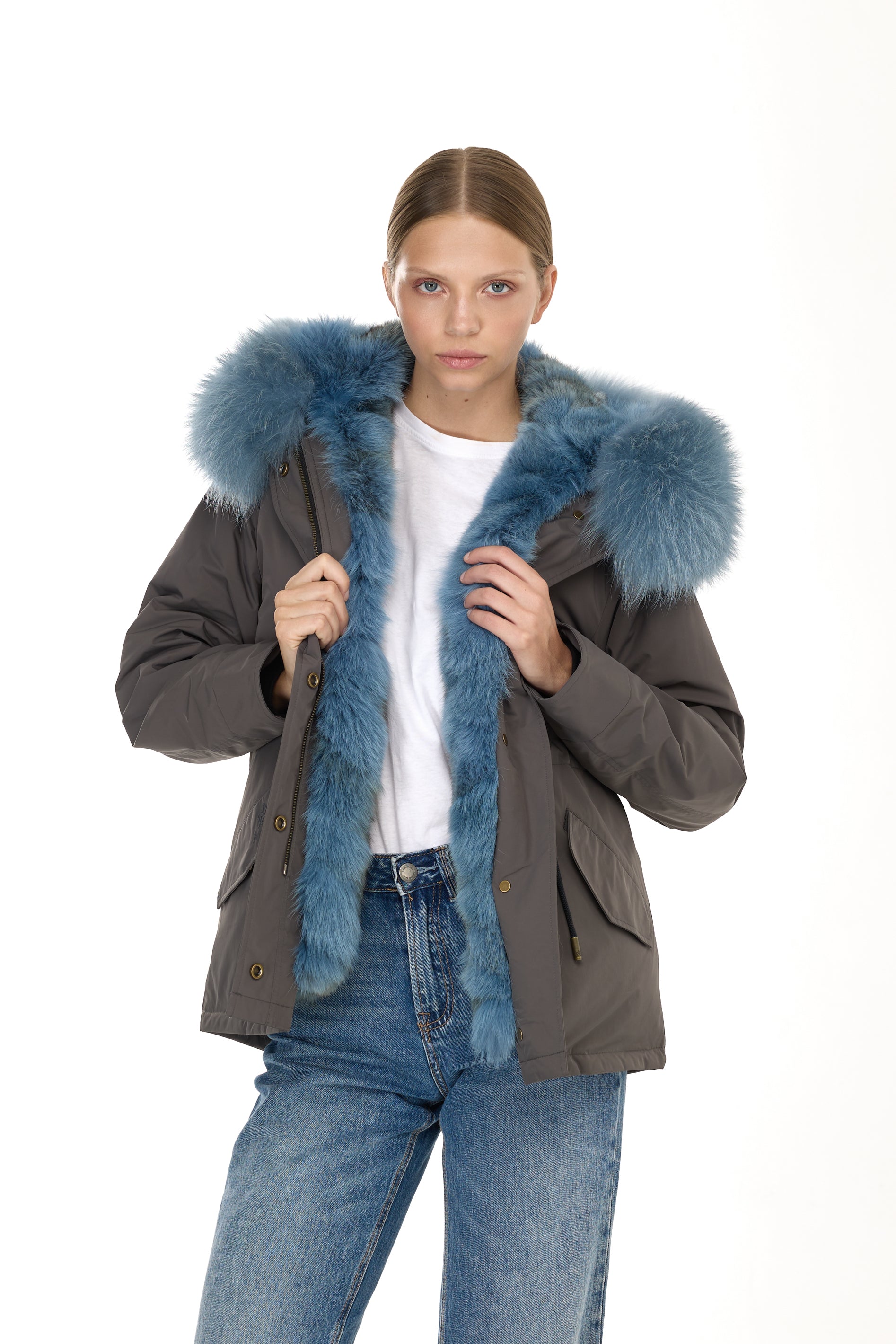 Urban GREYISH BLUE short parka in waterproof cotton blend with coyote vest