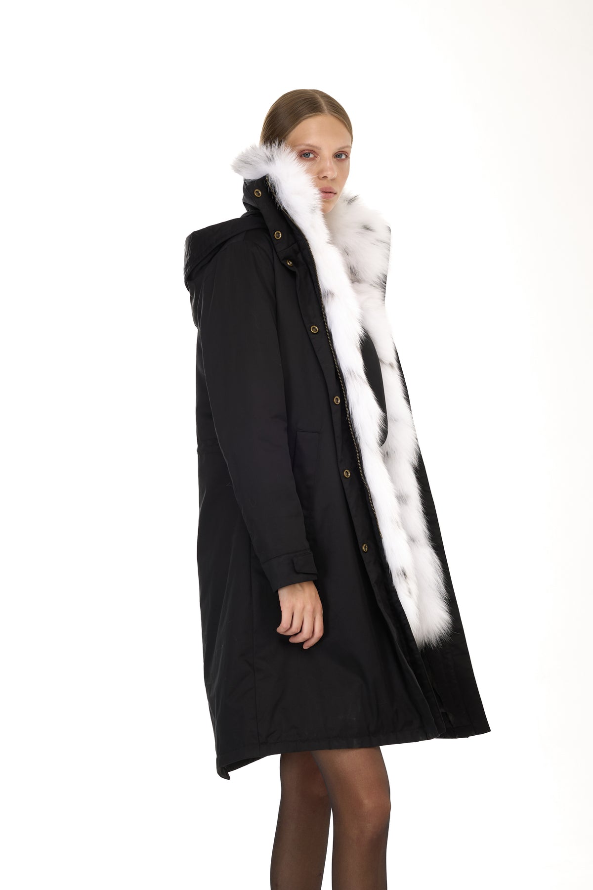 FOX LINX Elegante parka X-Long con cuello alto y chaleco de piel extraíble