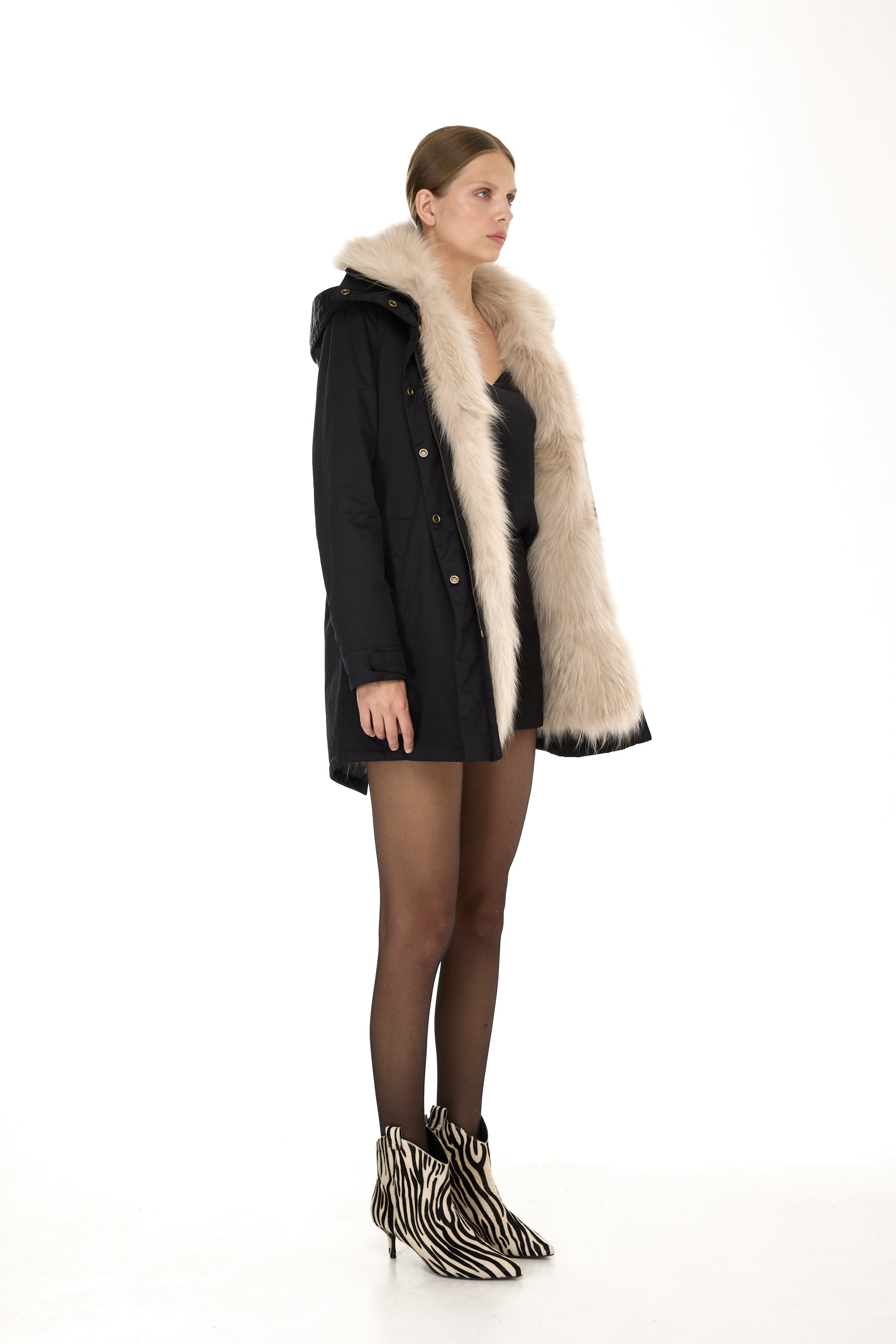 Parka Elegant BEIGE con Collo Alto e Gilet in pelliccia Removibile
