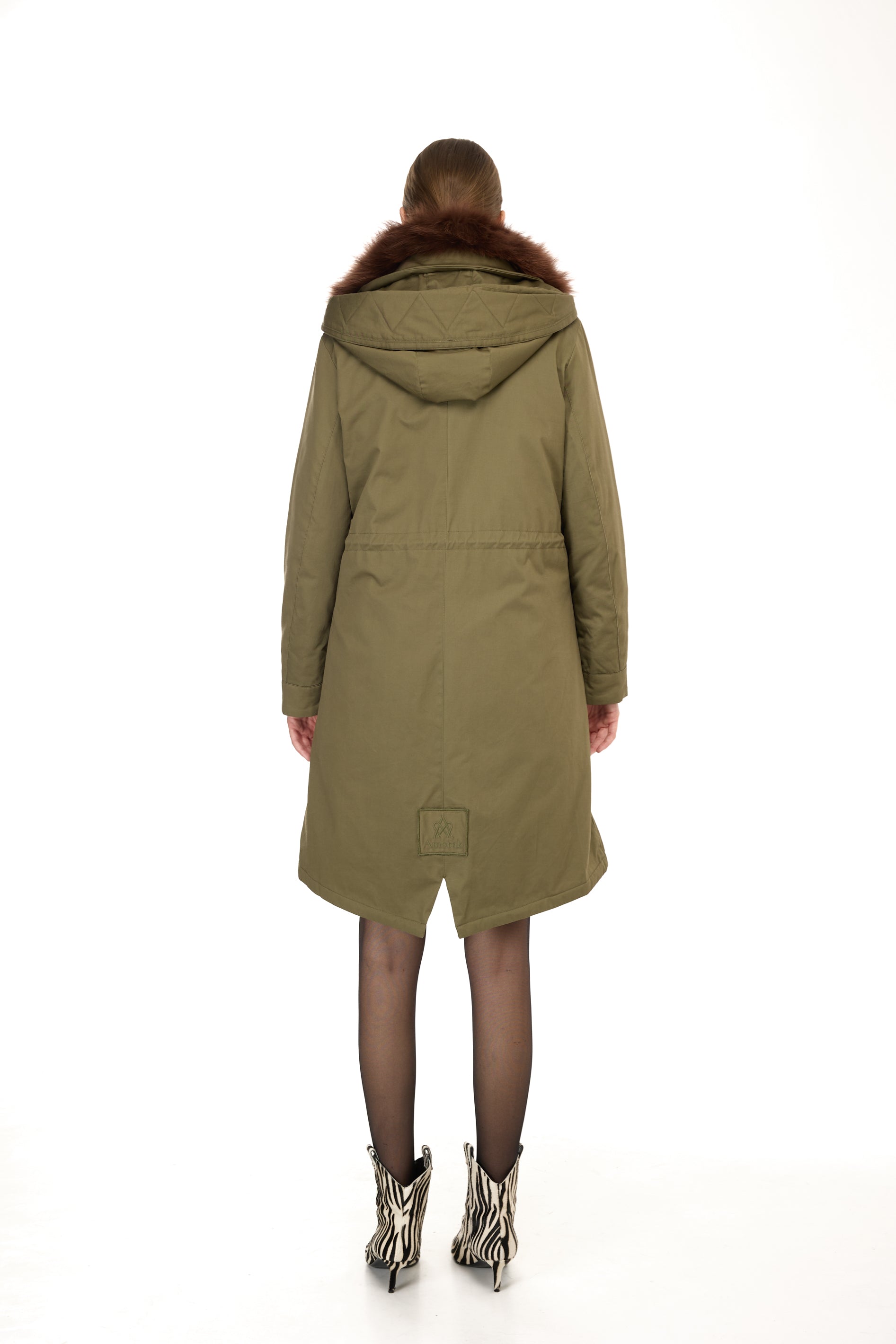 Parka x-long Elegant BROWN con Collo Alto e Gilet in pelliccia Removibile