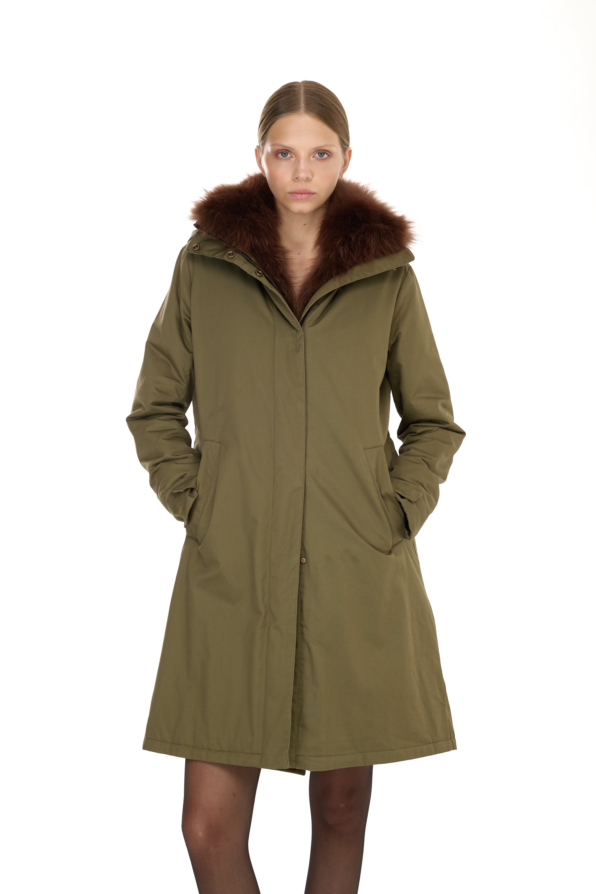 Parka x-long Elegant BROWN con Collo Alto e Gilet in pelliccia Removibile