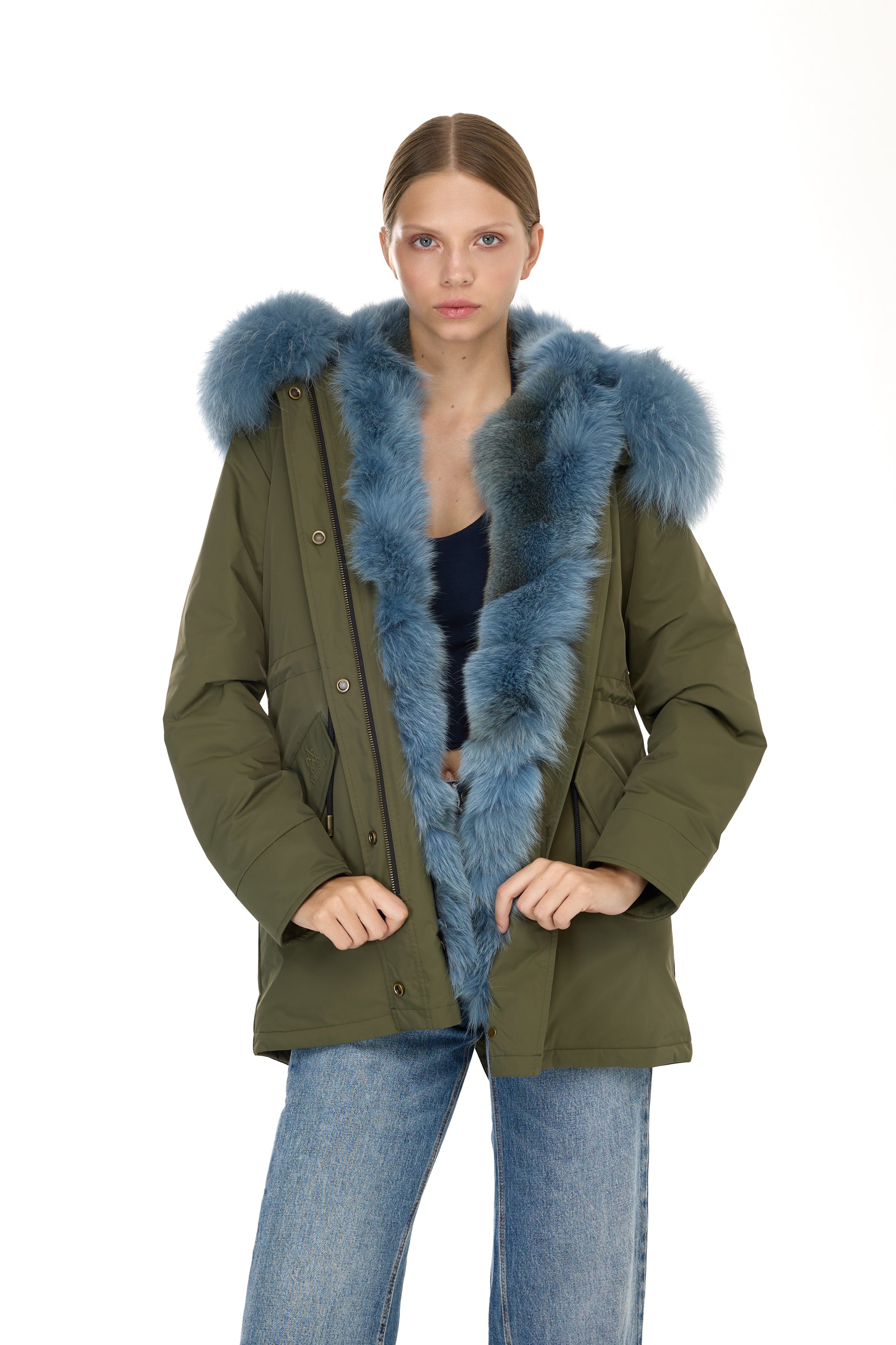Urban GREYISH BLUE long parka in waterproof cotton blend with coyote vest