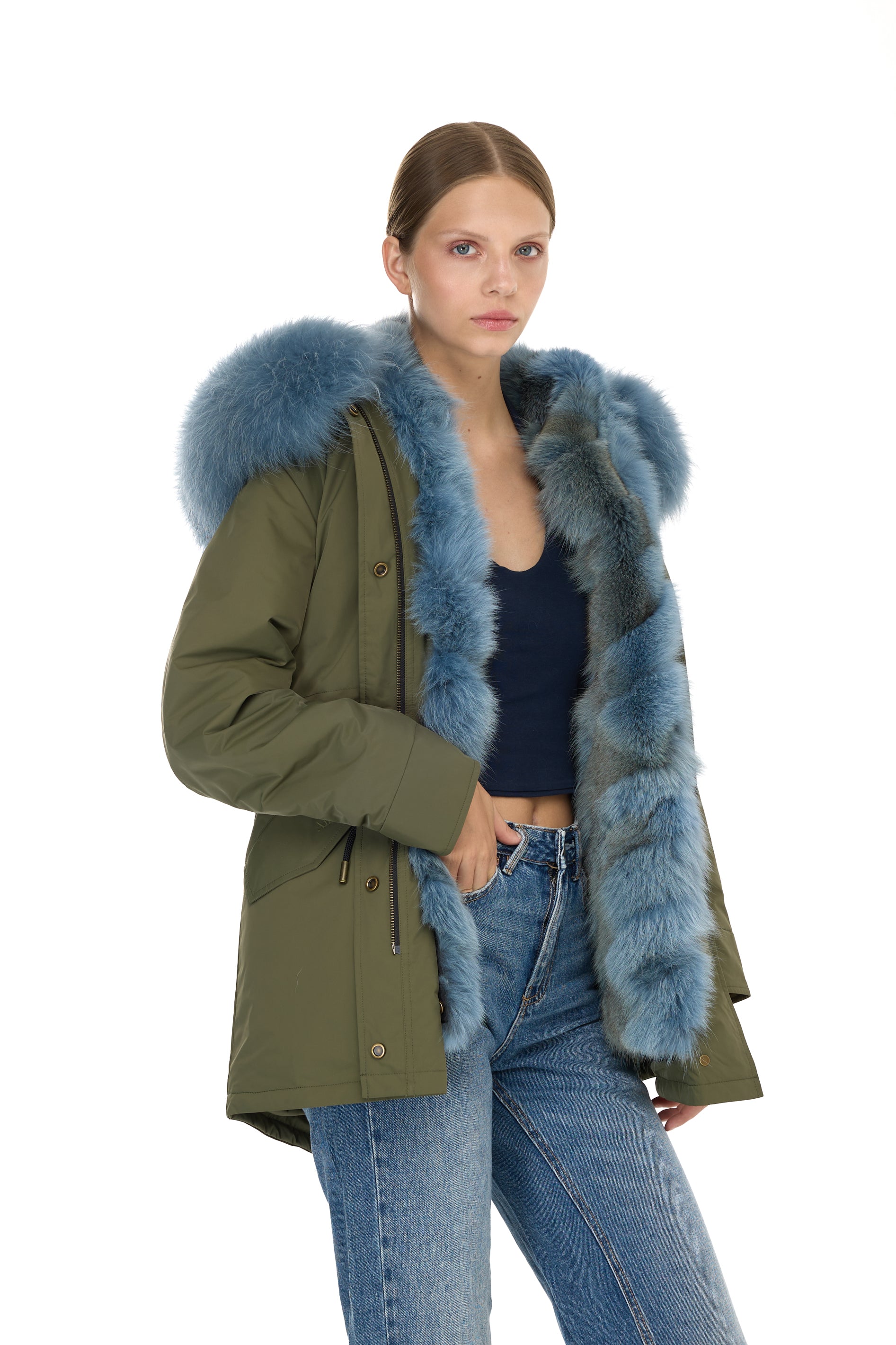 Urban GREYISH BLUE long parka in waterproof cotton blend with coyote vest