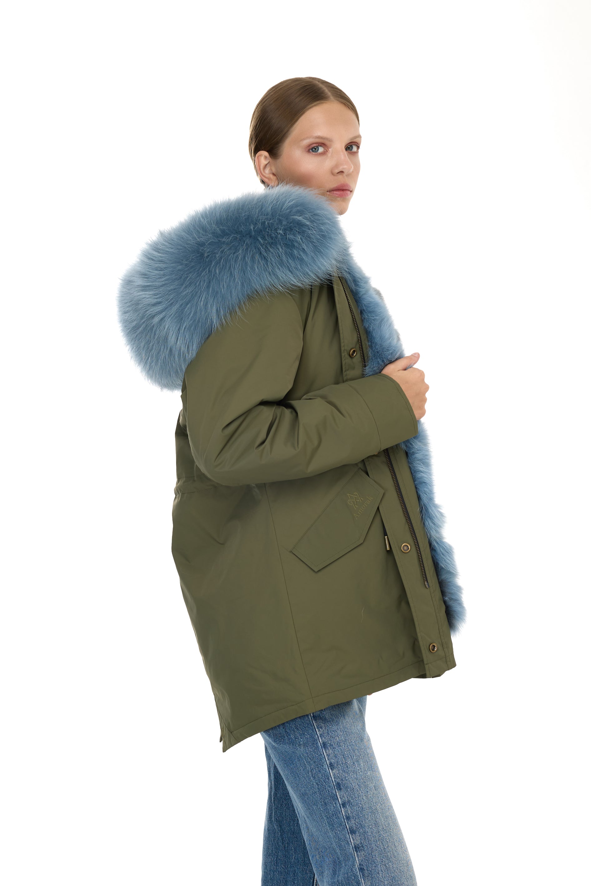 Urban GREYISH BLUE long parka in waterproof cotton blend with coyote vest