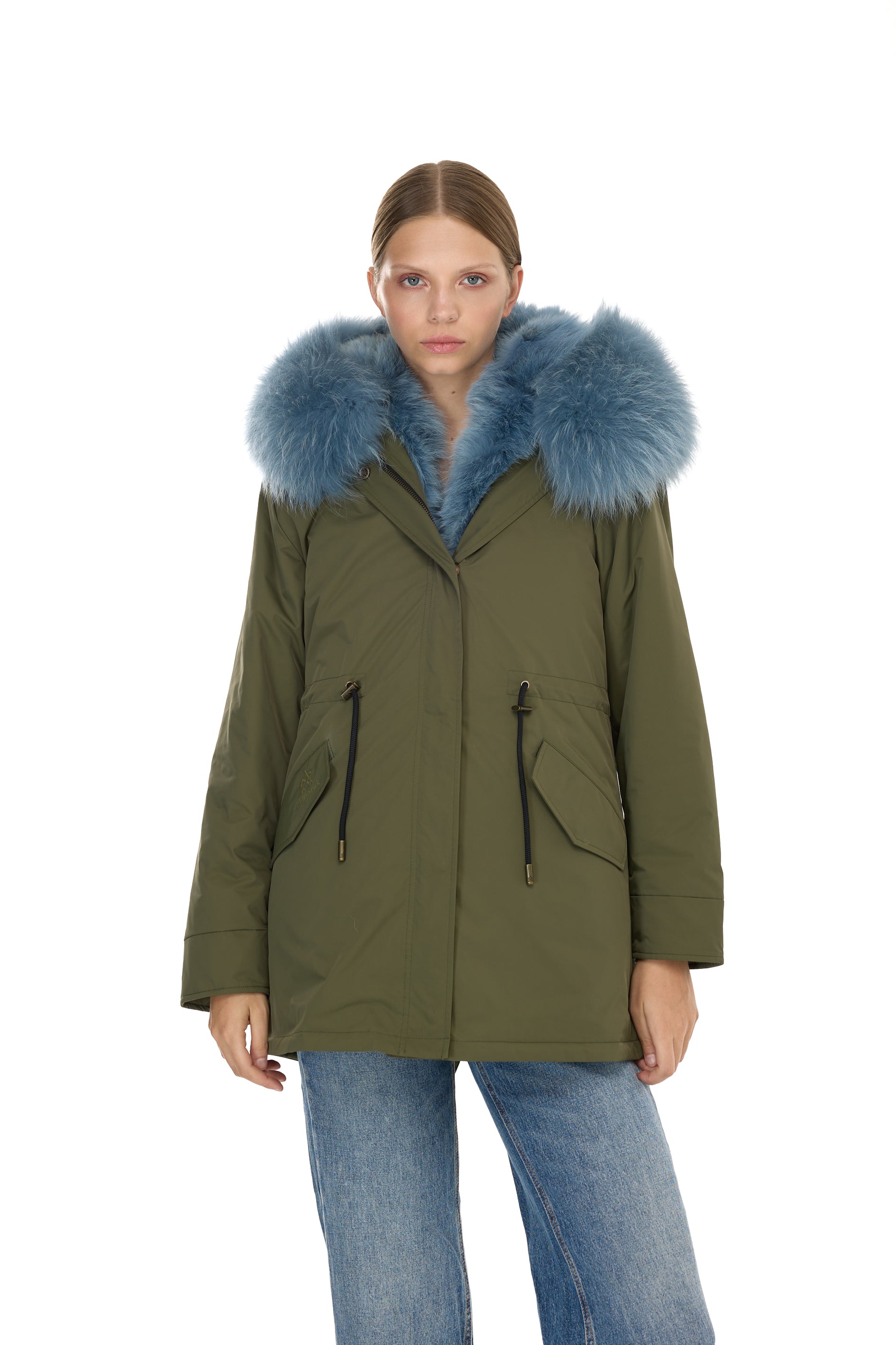 Urban GREYISH BLUE long parka in waterproof cotton blend with coyote vest